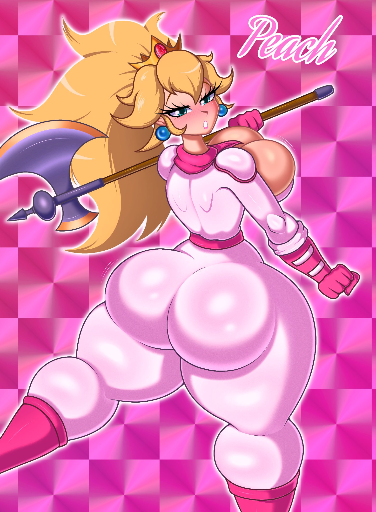 1girls, 2022, abstract background, ass, ass jiggle, axe, big ass, big breasts, blonde hair, blush, bodysuit, bouncing ass, bouncing breasts, bouncing butt, breast jiggle, breasts, bubble ass, bubble butt, bulging breasts, busty, butt jiggle, child bearing hips, cleavage, cleavage overflow, crown, curvaceous, curvy, curvy body, curvy female, curvy figure, digital drawing (artwork), digital media (artwork), drawsfigures, ear ring, earrings, eyelashes, fat ass, female, female only, fingers, hi res, hourglass figure, huge ass, huge butt, illumination entertainment, jiggle, jiggling, jiggling breasts, large ass, large breasts, large butt, light skin, light-skinned female, long hair, looking at viewer, looking back, mario (series), motion lines, nintendo, princess, princess peach, round ass, round butt, royalty, simple background, skinsuit, slim waist, small waist, solo, standing, super mario bros. (2023 film), teal eyes, thick ass, thick thighs, thunder thighs, voluptuous, wide hips