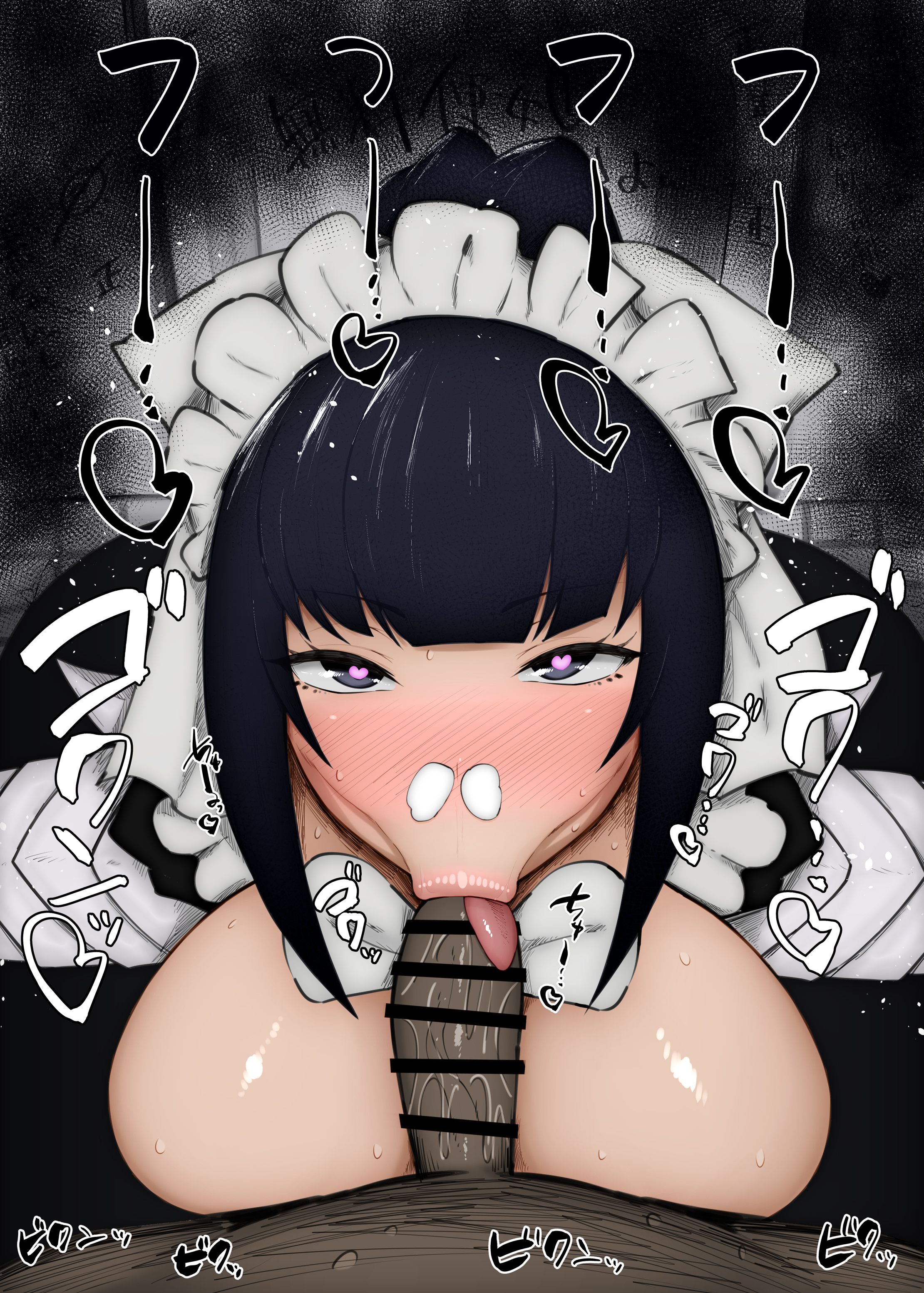 :>=, 1boy, 1girls, angry dragon, big breasts, big penis, black penis, blowjob, blush, breasts, breasts out, censored, color, colored, commentary request, cum out nose, dark skin, dark-skinned male, detailed background, dress, drooling, eyelashes, fellatio, female, gokkun, headgear, heart, heart-shaped pupils, indoor, inside, japanese text, kurotama, looking at viewer, maid, male, male pov, narberal gamma, oral, oral sex, overlord (maruyama), penis, room, saliva, shiny, shiny skin, short hair, sketch, sound effects, swallowing, swallowing cum, sweat, text, tongue, tongue out, vacuum blowjob, vacuum fellatio, vacuum-like fellatio, vein, veins, veiny, veiny penis