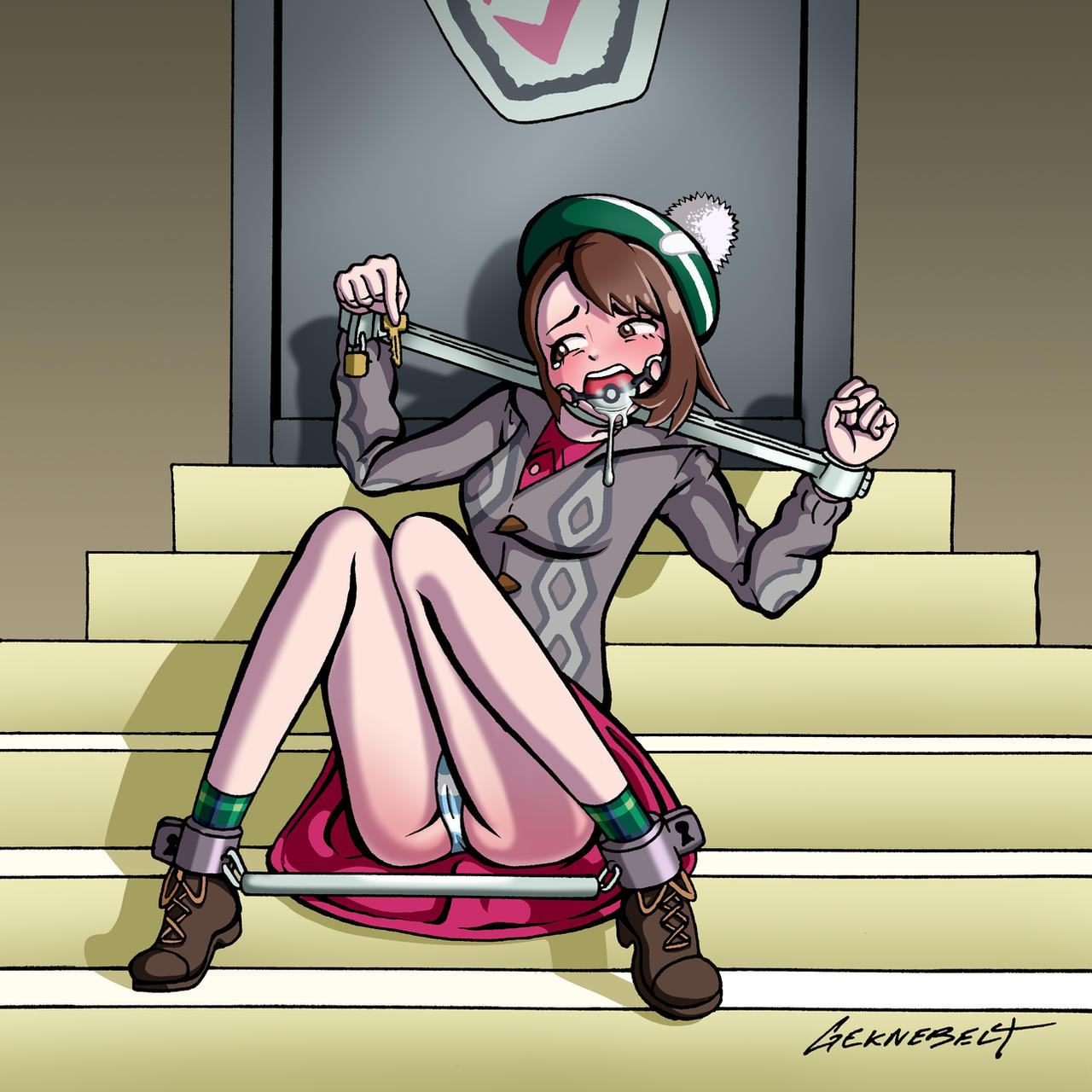 1girls ankle_socks anklehighs ball_gag blue_panties bondage boots breasts brown_eyes brown_hair cardigan door dress drooling femsub gag gagged geknebelt gloria_(pokemon) green_socks grey_cardigan hat holding_key key locks medium_breasts nintendo padlock panties pattern_socks pink_dress poke_ball_gag pokemon pokemon_ss short_hair sitting_on_stairs socks spreader_bar stairs striped_panties upskirt white_panties