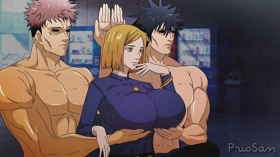 1girls, 2boys, abs, bed, big breasts, breasts, buff, female, female focus, funny, fushiguro megumi, gigantic breasts, holding breast, horny male, huge breasts, itadori yuuji, jujutsu kaisen, kugisaki nobara, male, male/female, masculine male, meme, muscular, muscular male, prio san, servants holding aphrodite's breasts (meme), straight