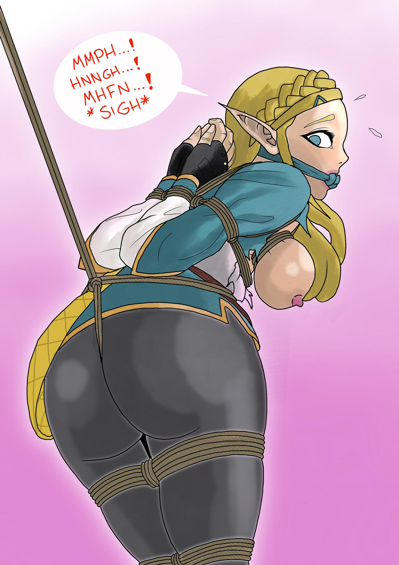 1girls, arms tied behind back, ass, black pants, blonde hair, blue eyes, blue shirt, bondage, breasts, breath of the wild, cleave gag, crotch rope, female, fingerless gloves, gag, gagged, gloves, hairclip, large breasts, legs tied, long hair, nintendo, nipples, pants, princess zelda, rope, rope between breasts, rope bondage, sadomasada, shirt, the legend of zelda, torn clothes, torn shirt, zelda (breath of the wild)