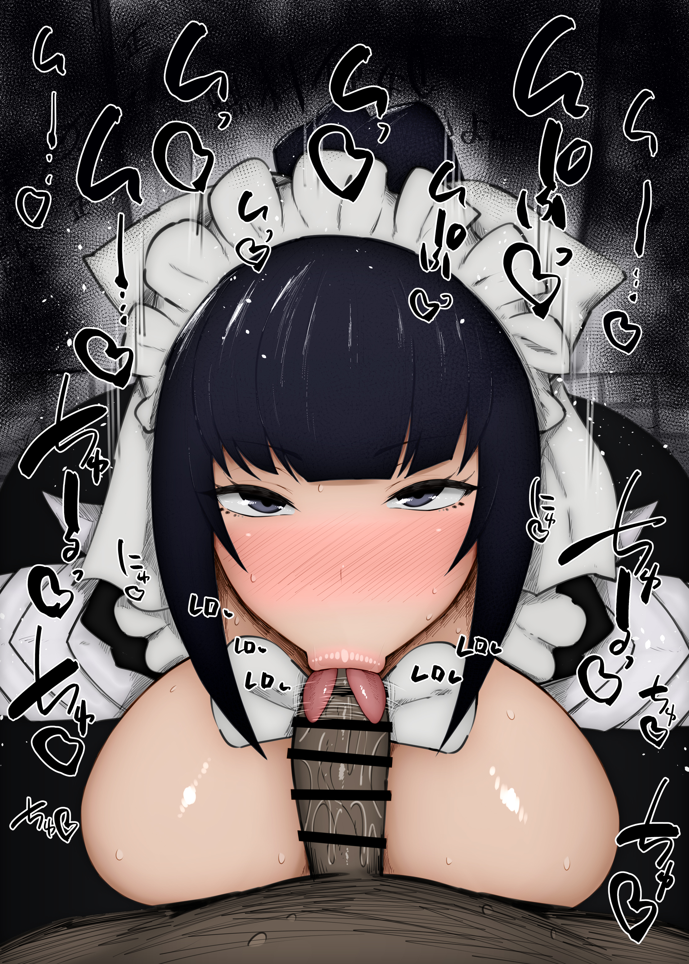 :>=, 1boy, 1girls, big breasts, big penis, black penis, blowjob, blush, breasts, breasts out, censored, color, colored, commentary request, dark skin, dark-skinned male, detailed background, dress, drooling, eyelashes, fellatio, female, headgear, heart, indoor, inside, japanese text, kurotama, licking, licking penis, looking at viewer, maid, male, male pov, narberal gamma, oral, oral sex, overlord (maruyama), penis, room, saliva, shiny, shiny skin, short hair, sketch, sound effects, sweat, text, tongue, tongue out, vein, veins, veiny, veiny penis