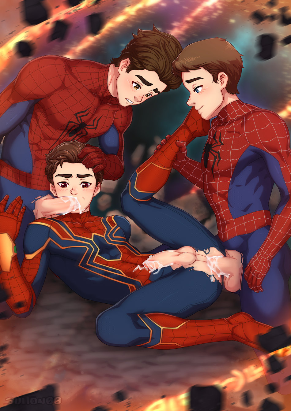 andrew_garfield balls blush brown_hair gay hair_grab leg_grab male_only marvel muscular_male pleasure_face precum selfcest spider-man spider-man:_no_way_home spider-man_(tom_holland) straight_hair suit suiton threesome tobey_maguire tom_holland