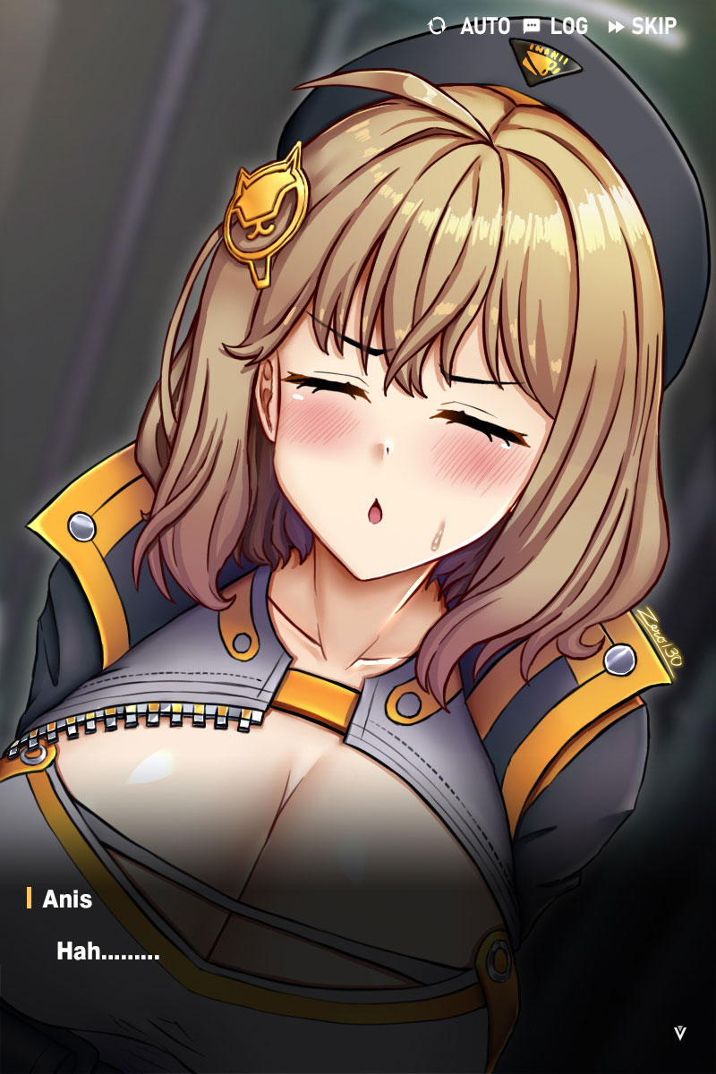 1girls anis_(nikke) blush breasts brown_hair busty commander_(nikke) english_dialogue english_text female goddess_of_victory:_nikke hat hi_res large_breasts short_hair solo_female straight zero130