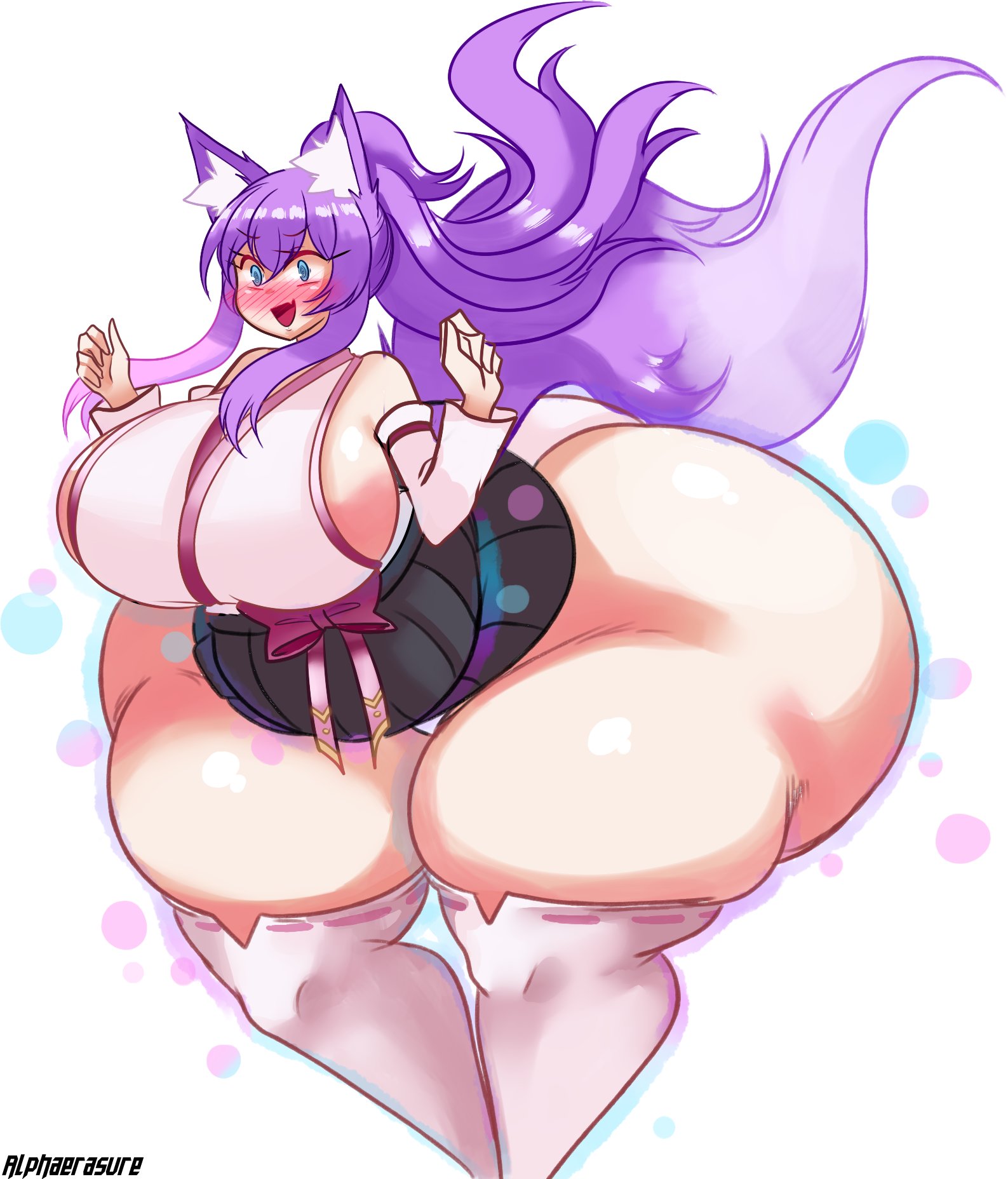 1girls, alphaerasure, animal ears, ass, ass expansion, ass hanging out, ass hanging out of skirt, big ass, blue eyes, female, female focus, female only, hips wider than shoulders, huge ass, huge butt, hyper ass, purple hair, skirt, thick ass, thick thighs, thigh expansion, thighhighs, thighs, thunder thighs