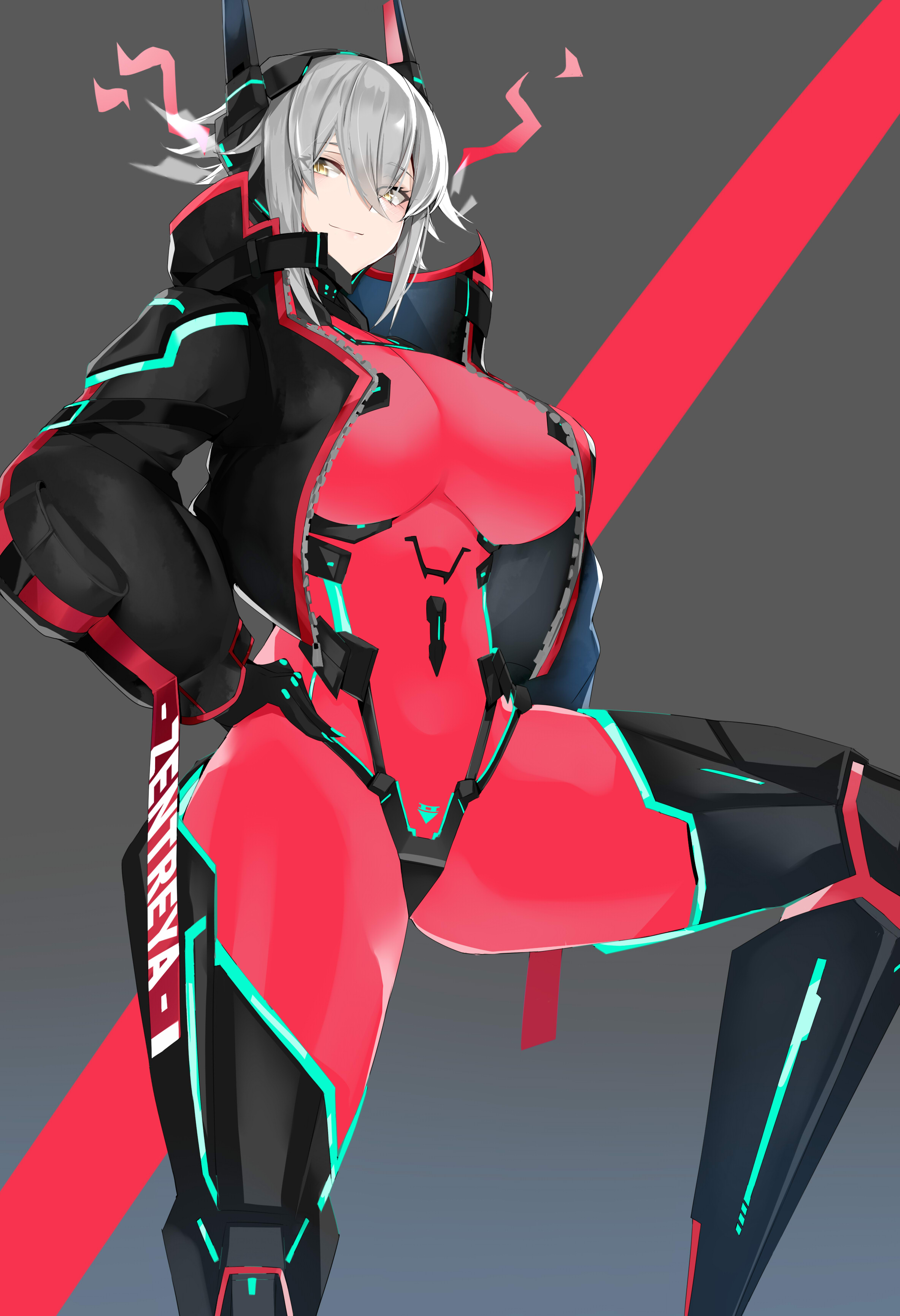 1girls, big breasts, bodysuit, breasts, cybernetics, female, female only, large breasts, looking at viewer, maruyaa (malya1006), solo, thick thighs, virtual youtuber, vshojo, zentreya, zentreya (cyborg)