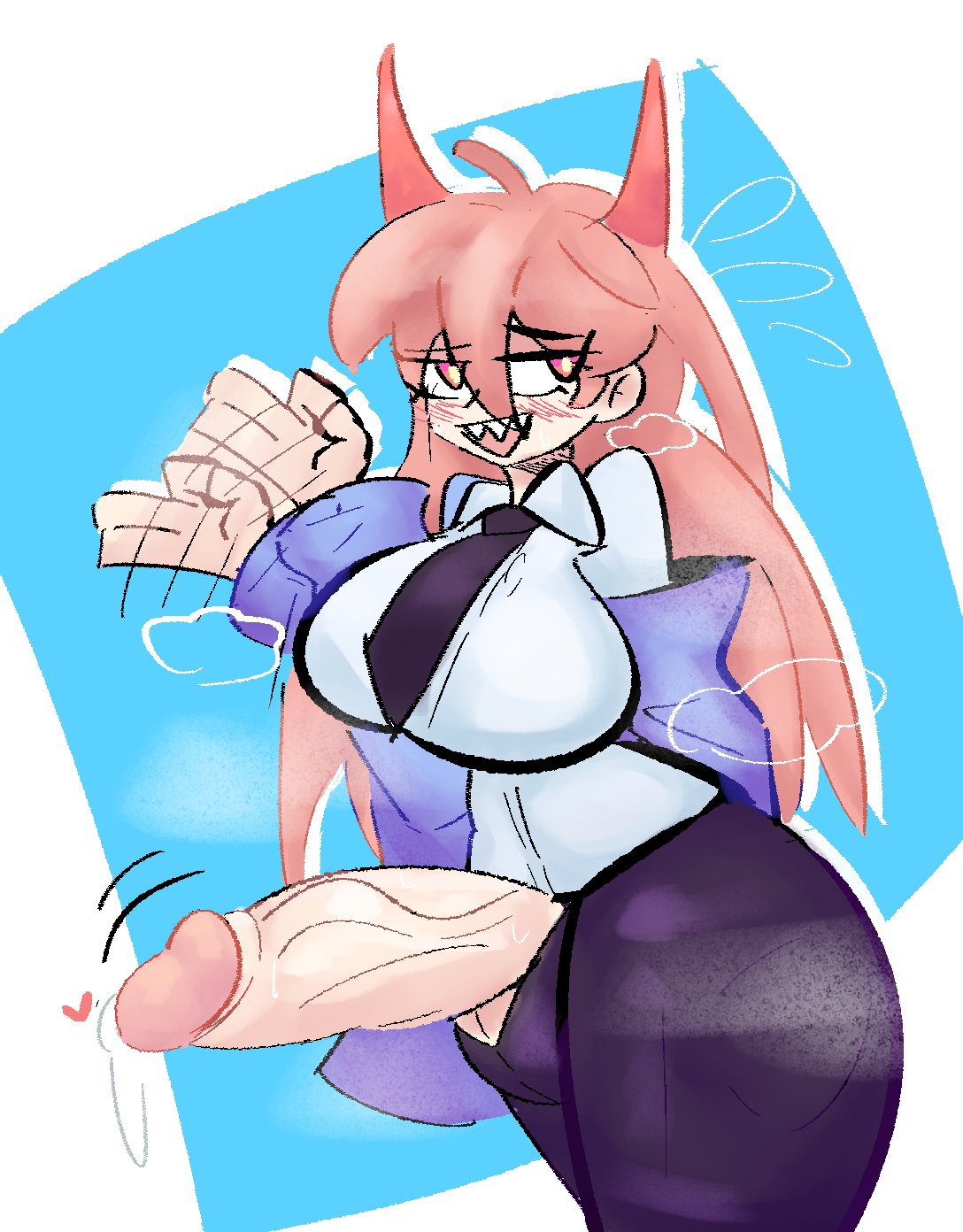 1futa, 2022, balls, big balls, big breasts, big thighs, blush, breasts, chainsaw man, clothed, clothing, erection, futa only, futanari, horns, huge breasts, huge cock, huge hips, humanoid, humanoid penis, intersex, light skin, light-skinned futa, looking to the side, mostly clothed, penis, penis out, poodleskapoodle, power (chainsaw man), solo, standing, thick thighs, wide hips