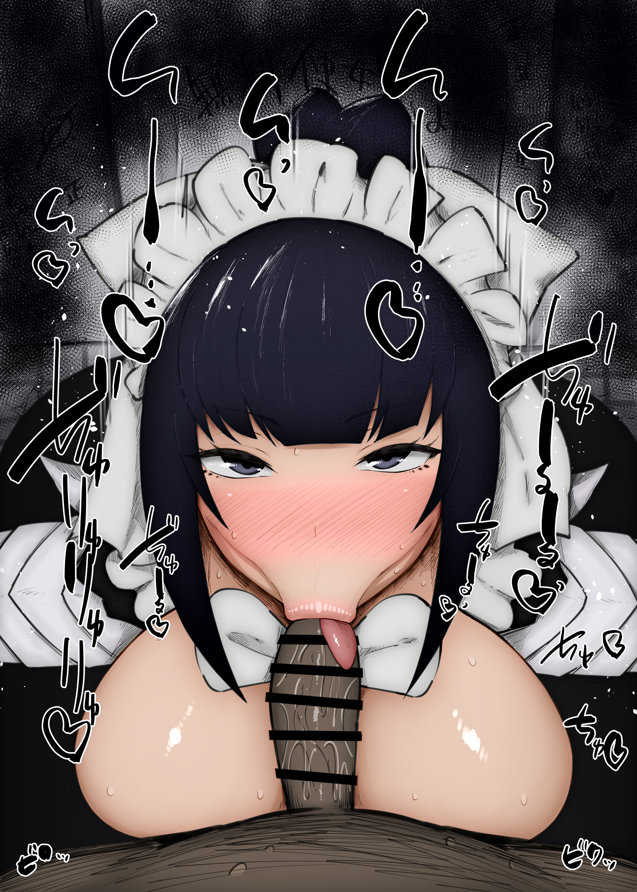 :>=, 1boy, 1girls, big breasts, big penis, black penis, blowjob, blush, breasts, breasts out, censored, color, colored, commentary request, dark skin, dark-skinned male, detailed background, dress, drooling, eyelashes, fellatio, female, headgear, heart, indoor, inside, japanese text, kurotama, looking at viewer, maid, male, male pov, narberal gamma, oral, oral sex, overlord (maruyama), penis, room, saliva, shiny, shiny skin, short hair, sketch, sound effects, sweat, text, tongue, tongue around penis, tongue out, tongue wrap, vacuum blowjob, vacuum fellatio, vacuum-like fellatio, vein, veins, veiny, veiny penis