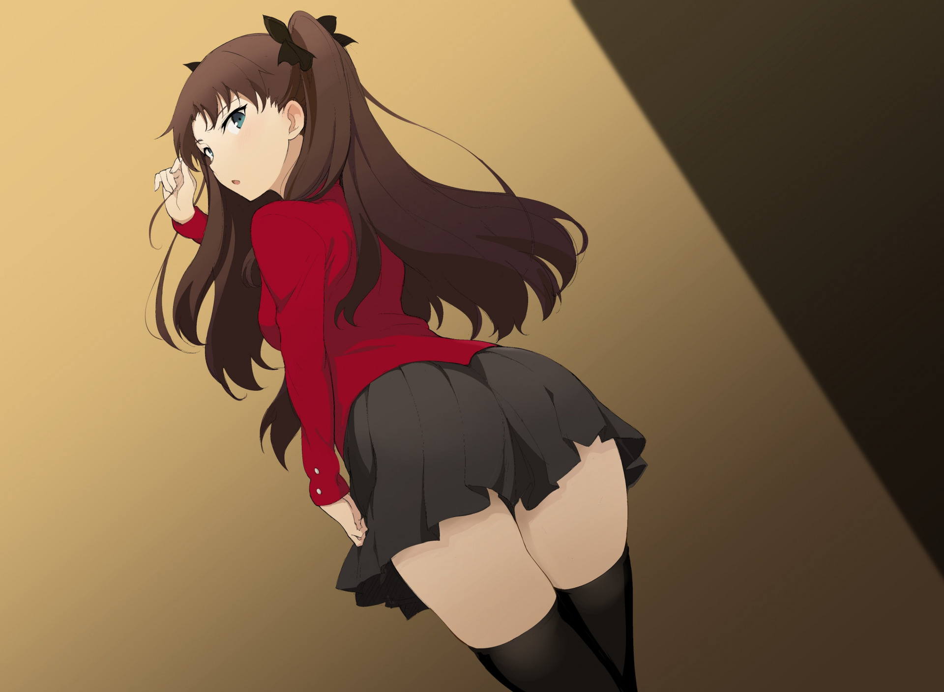1girls, ass, black legwear, black ribbon, black skirt, black thighhighs, blue eyes, brown hair, clothing, fate (series), fate/stay night, female, female only, human, legwear, long hair, pose, red sweater, ribbon, skirt, solo, sweater, tohsaka rin