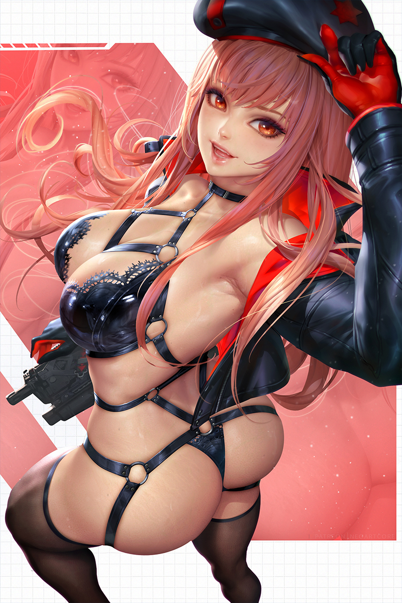 1girls, armpits, ass, beret, black jacket, black legwear, black underwear, breasts, dominatrix, female, gloves, goddess of victory: nikke, gun, hat, jacket, lingerie, long hair, looking at viewer, medium breasts, mouth open, neoartcore, orange eyes, pink hair, rapi (nikke), red eyes, smile, straps, teeth, thighhighs, tongue