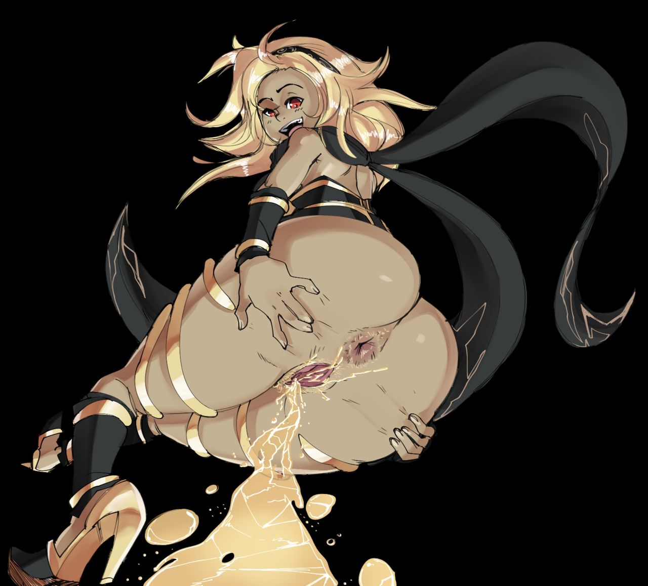 anus, ass, female, gravity rush, kat (gravity rush), looking at viewer, looking back, open mouth, pants down, peeing, peeing on viewer, peeing self, pussy, radlionheart, smiling, stretched pussy, stretching, urinating, urinating female, urination, urine, urine stream