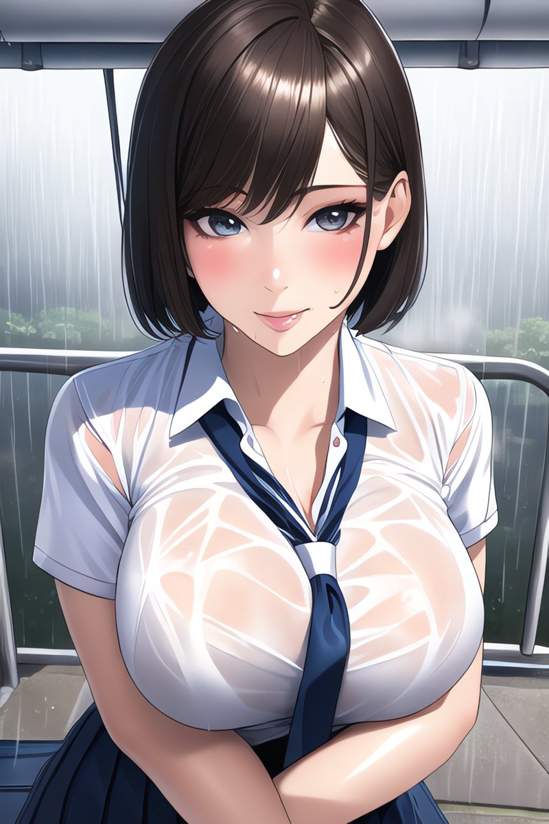 1girls, ai generated, asian female, black hair, curvaceous, curvy female, curvy figure, female, female only, high resolution, highres, looking at viewer, nai diffusion, original, school uniform, schoolgirl, solo, stable diffusion, voluptuous, voluptuous female, wet clothes