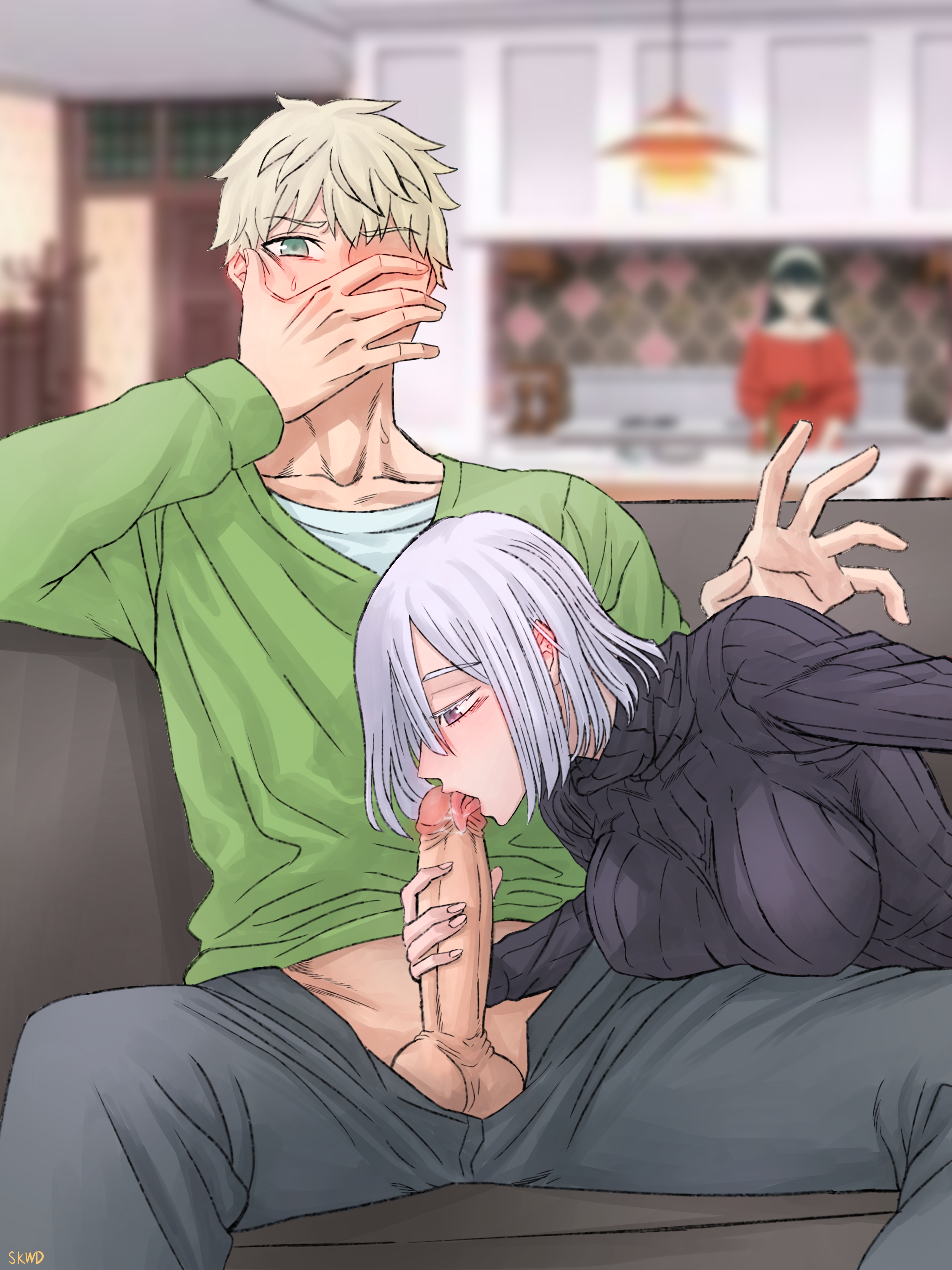 1boy, 1girls, 2girls, assassin, assertive, assertive female, blonde hair, blowjob, blurry background, cheating, cheating husband, couch, covering mouth, cuckquean, female, fiona frost, hi res, highres, human, indoors, lavender hair, licking penis, living room, loid forger, long hair, long sleeves, male, medium hair, multiple females, multiple girls, nightfall (spy x family), oral, penis, penis grab, penis out, short hair, skwd, spy, spy x family, straight, thorn princess, turtleneck, turtleneck sweater, yor briar, yor forger