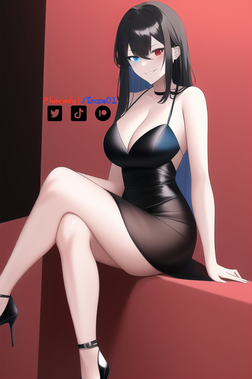 ai_generated artist_self-insert bare_legs black_dress black_heels blue_eyes cleavage crossed_legs dress emzie01 funemily1 heels heterochromia large_breasts long_hair nai_diffusion red_eyes sitting smirk stable_diffusion tagme thighs watermark