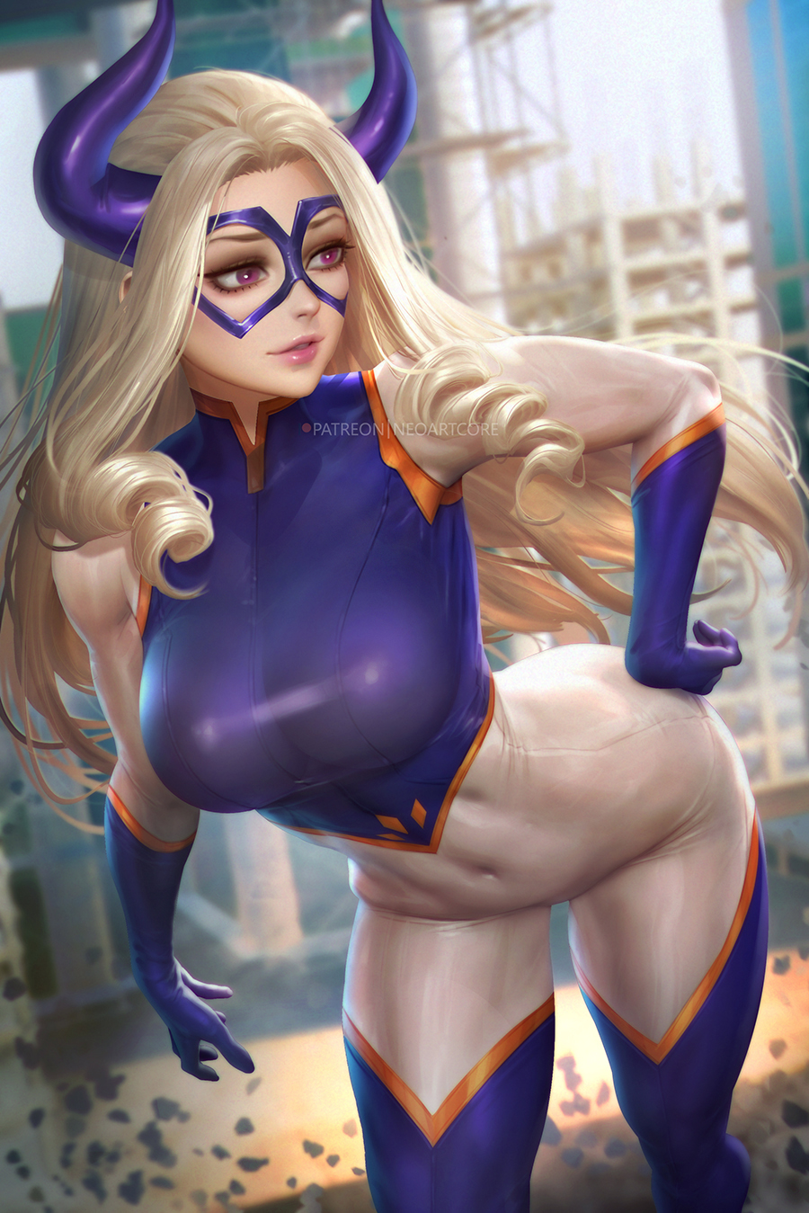 1girls, 2022, 2d, 2d (artwork), abs, artist name, bent over, big breasts, blonde hair, blushing, breasts, clothed, clothed female, curls, curly hair, drill hair, female, female focus, female only, fit, fit female, full body, fully clothed, giant, giantess, gloves, hand on hip, hi res, highres, horns, light skin, light-skinned female, long hair, looking away, mask, mount lady, my hero academia, navel, neoartcore, pink eyes, questionable, see-through, see-through clothing, sfw, skin tight, solo, solo female, straight hair, superheroine, superpowers, thigh gap, thighs, urban, yuu takeyama