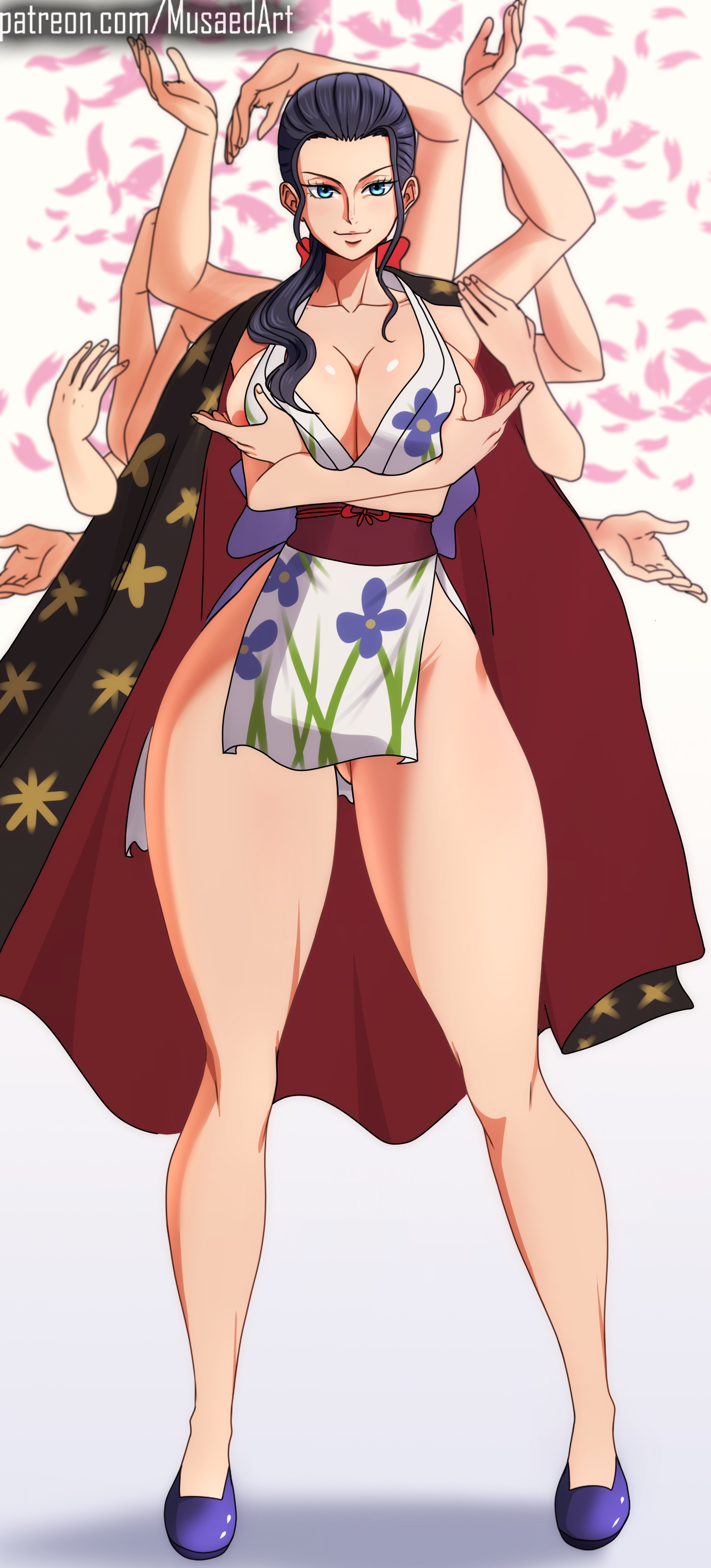 1girls, absurd res, arms up, artist name, ass, ass visible through thighs, bare shoulders, big breasts, black hair, black-haired female, blue eyes, breasts, cape, cleavage, clothing, collarbone, crossed arms, curvy, eyelashes, female, female focus, female only, flower petals, full body, hair ribbon, hair slicked back, hana hana no mi, high heels, hips, huge breasts, human, kimono, large breasts, long hair, long legs, looking at viewer, multi arm, multi limb, musaed art, nico robin, nico robin pose, one piece, orobi, patreon, pinup, post-timeskip, revealing clothes, ribbon, seductive, shiny skin, sideboob, simple background, skimpy, sleeveless, smile, solo, solo female, thick thighs, thighs, tied hair, url, voluptuous, watermark, white background, wide hips