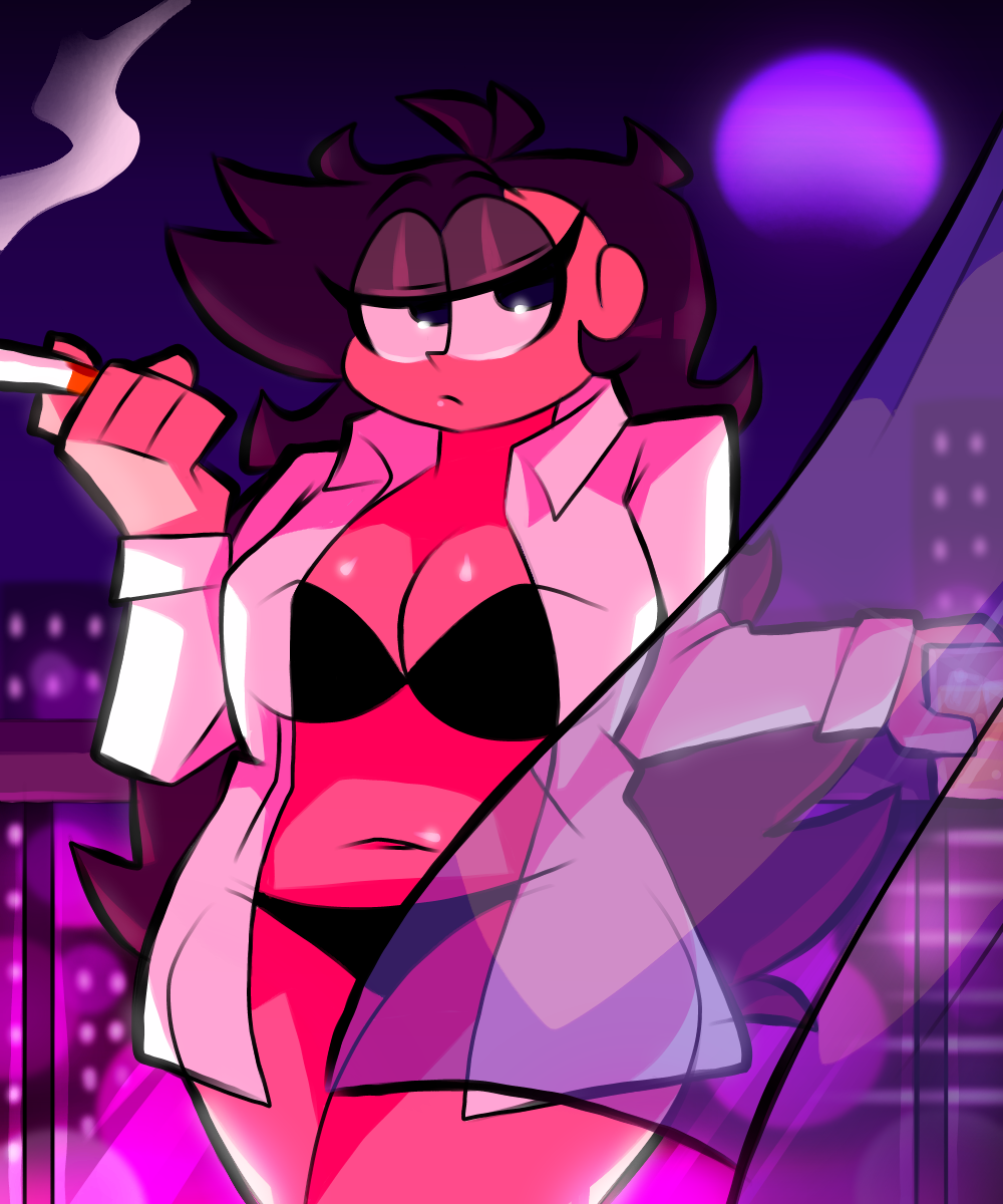 2022 80's_theme black_bra black_panties bra breasts cigarette cleavage drink matching_underwear mojo_montebon moon open_shirt original original_character panties smoke thick_thighs trixie_(mojo_montebon)