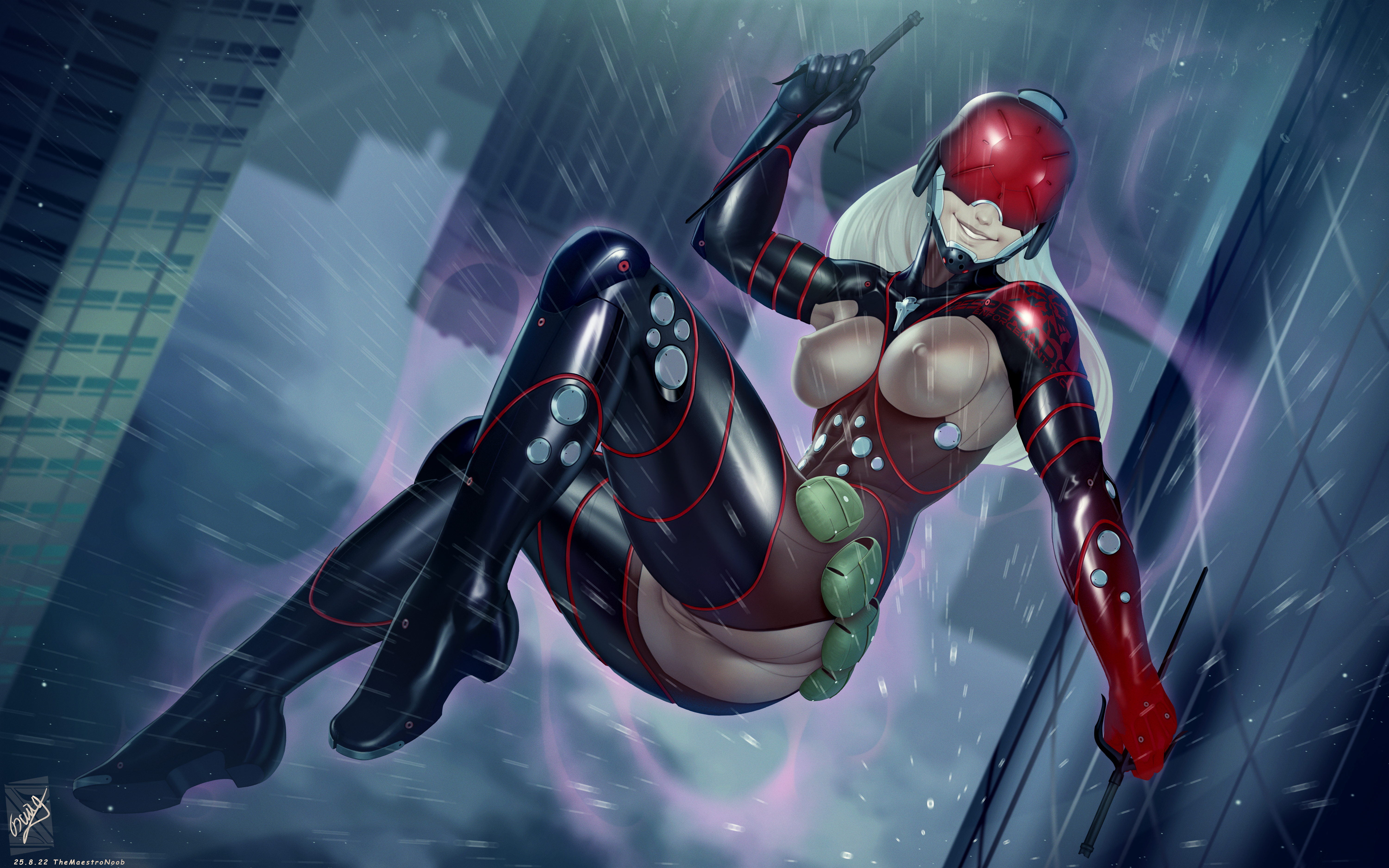 android, breasts, breasts out, facemask, female, legs, long hair, metal gear, metal gear rising, metal gear rising: revengeance, monsoon (metal gear rising), pussy, raining, robot joints, rule 63, themaestronoob, weapon