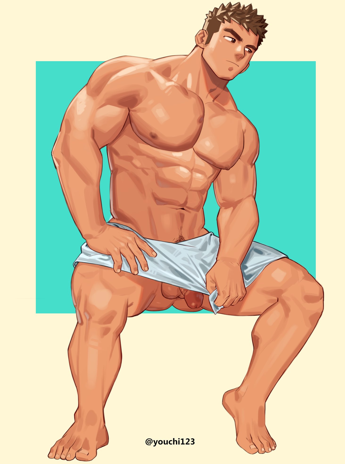 1boy abs bara brown_hair closed_mouth flaccid highres large_pectorals male male_focus male_only muscular muscular_male naked_towel navel nipples original pectorals penis penis_peek short_hair solo solo_male testicles thick_thighs thighs towel towel_around_waist twitter_username youchi123