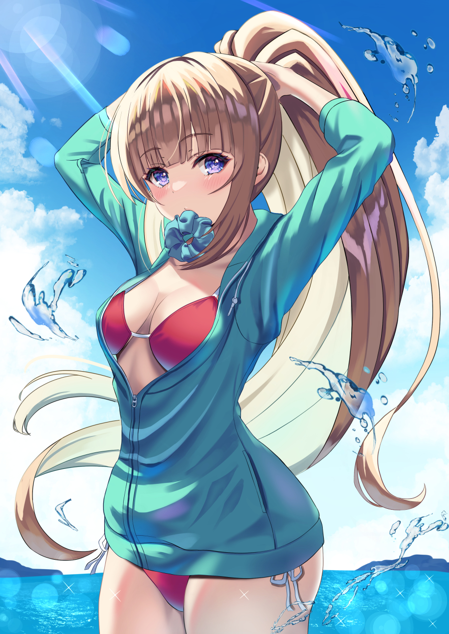 bikini, bikini bottom, bikini top, blue eyes, classroom of the elite, female, holding hair, karuizawa kei, long hair, open clothes, scrunchie, water, youkoso jitsuryoku shijou shugi no kyoushitsu e