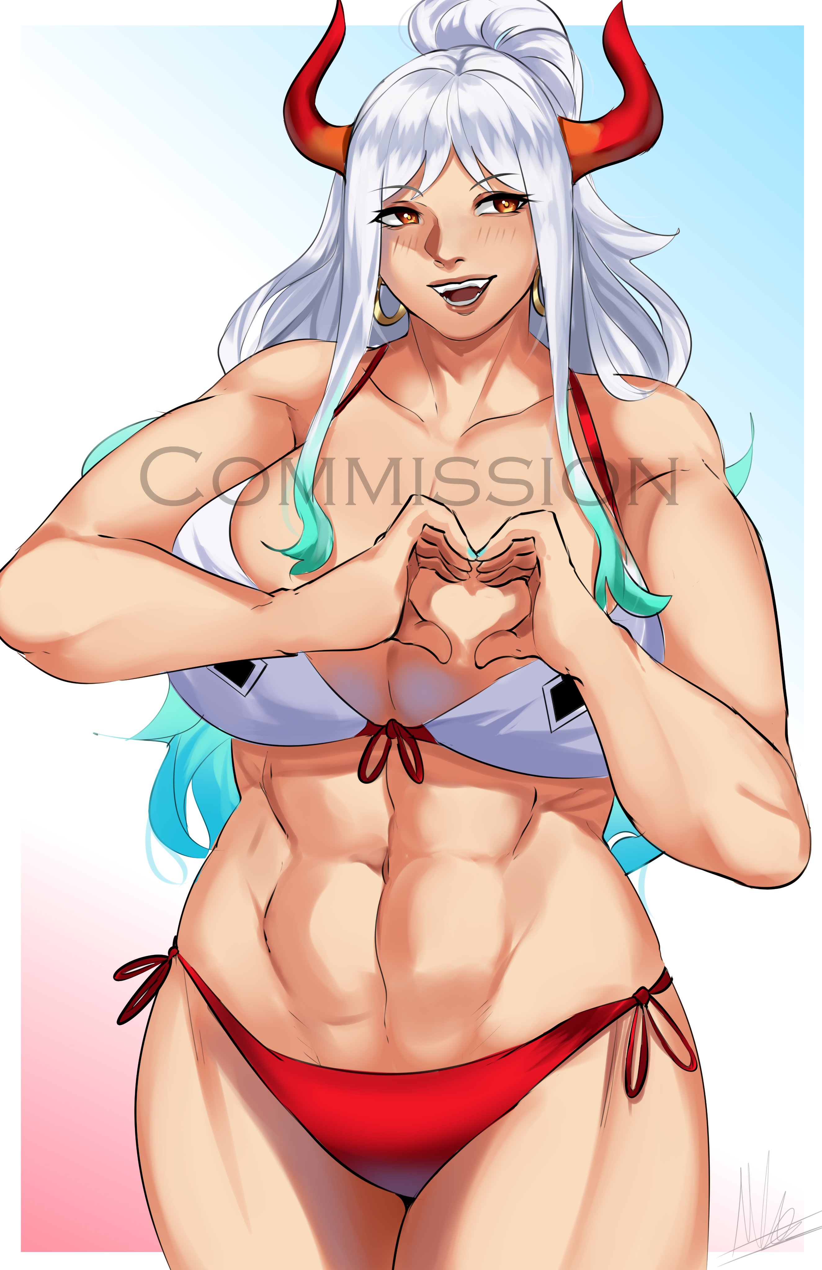 1girls, 2022, abs, big breasts, bikini, blue hair, breasts, brown eyes, cleavage, clothed, clothing, curvy, ear piercing, earrings, female, female focus, female only, gradient hair, heart shape, hi res, highres, hoop earrings, horned humanoid, horns, huge breasts, humanoid, light skin, light-skinned female, long hair, michael lavacca, multicolored hair, muscular, muscular female, one piece, oni, oni horns, puzzled artist, revealing clothes, shounen jump, simple background, solo, solo female, solo focus, swimsuit, swimwear, two-tone hair, watermark, white hair, white-haired female, wide hips, yamato (one piece)