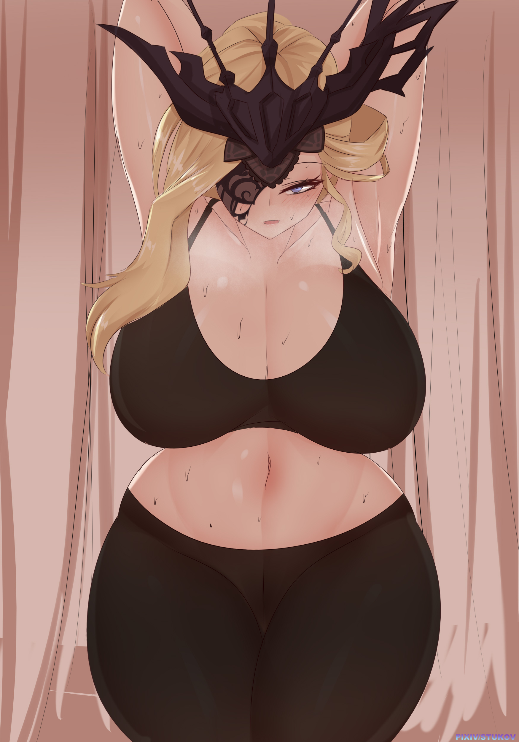 1boy, 1girls, aether (genshin impact), big breasts, big thighs, blonde hair, bodily fluids, breasts, busty, cleavage, female, genshin impact, gigantic breasts, huge breasts, huge thighs, large breasts, large thighs, male, massive breasts, mature, mature female, milf, navel, signora (genshin impact), steam, steamy breath, stukov, sweat, sweaty, thick thighs, thighs