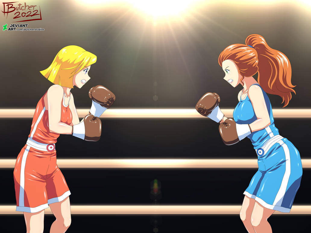 2girls alternate_version_available big_breasts blonde_hair blue_eyes blue_shorts blue_tank_top boxing boxing_gloves boxing_match boxing_ring boxing_shorts breasts brown_boxing_gloves brown_gloves butcherstudios cartoon clenched_teeth clover_(totally_spies) eyebrows_visible_through_hair female female_only gloves green_eyes light-skinned_female light_skin lips lipstick orange_hair orange_shorts orange_tank_top ponytail sam_(totally_spies) short_hair shorts tank_top thick thick_hips thick_thighs tied_hair totally_spies wide_hips
