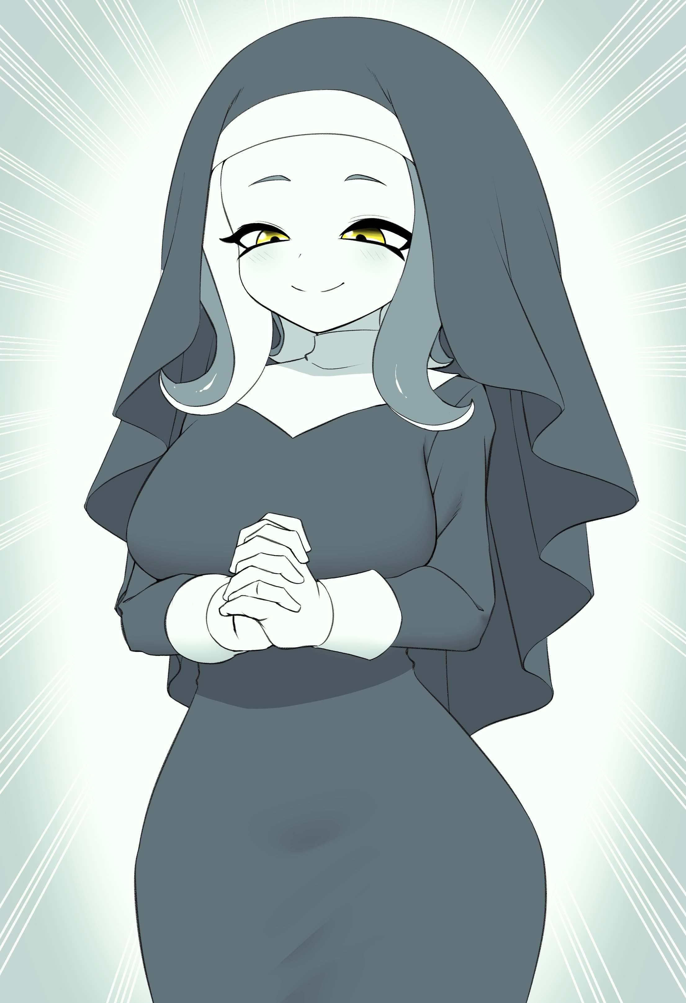 1girls, black and white, breasts, clothed, clothes, clothing, female, female only, fully clothed, hips, humanoid, nintendo, nobunagapero, nun, octoling, octoling girl, partially colored, peronattu, solo, solo female, splatoon, splatoon 2, tagme, thick, thick thighs, thighs, wide hips