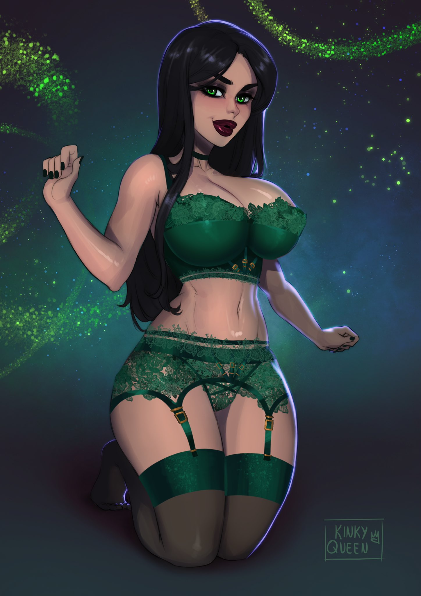 1girls big_breasts black_hair choker commission female female_only full_body garter_belt garter_straps green_eyes green_stockings hi_res kneeling lingerie long_hair looking_at_viewer my_kinky_queen real_person red_lipstick smiling smiling_at_viewer solo stockings