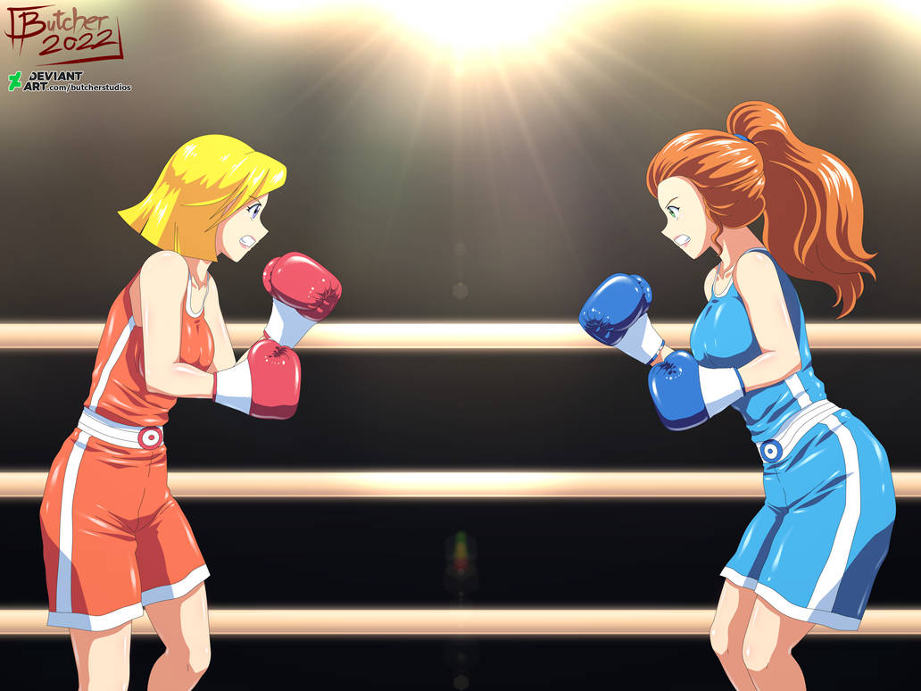 2girls alternate_version_available big_breasts blonde_hair blue_boxing_gloves blue_eyes blue_gloves blue_shorts blue_tank_top boxing boxing_gloves boxing_match boxing_ring boxing_shorts breasts butcherstudios catfight clenched_teeth clover_(totally_spies) eyebrows_visible_through_hair female female_only gloves green_eyes light-skinned_female light_skin lips lipstick orange_hair orange_shorts orange_tank_top ponytail red_boxing_gloves red_gloves sam_(totally_spies) short_hair shorts tank_top thick thick_hips thick_thighs tied_hair totally_spies wide_hips