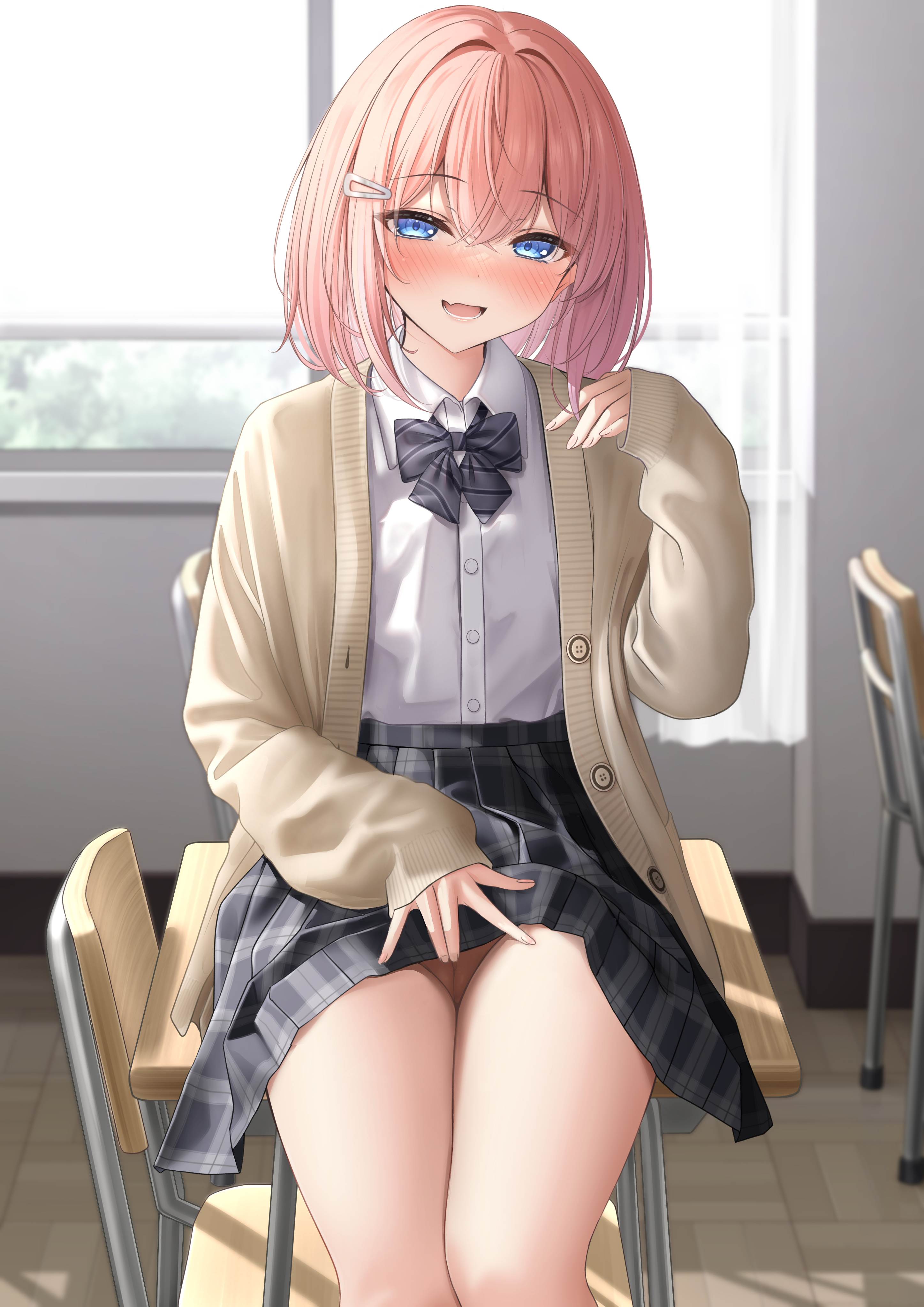 1girls, bangs, bare thighs, black bow, black bowtie, black neckwear, black skirt, blue eyes, blush, bottomless, bow, bowtie, breasts, chair, clothes pull, clothing, collared shirt, crossed bangs, desk, eyebrows visible through hair, fang, female, female only, going commando, hair ornament, hairclip, half-closed eyes, high resolution, indoors, innie, koakuma-chan (monaka curl), long sleeves, looking at viewer, medium breasts, medium hair, monaka curl, no panties, nopan, open mouth, original, paipan, pettanko, pink hair, presenting, presenting vagina, pussy, pussy peek, school desk, school uniform, seductive eyes, shirt, shirt tucked in, sitting, sitting on desk, skin fang, skirt, skirt lift, skirt pull, smile, solo, table, thighs, uncensored, uniform, vagina, very high resolution, white shirt, window