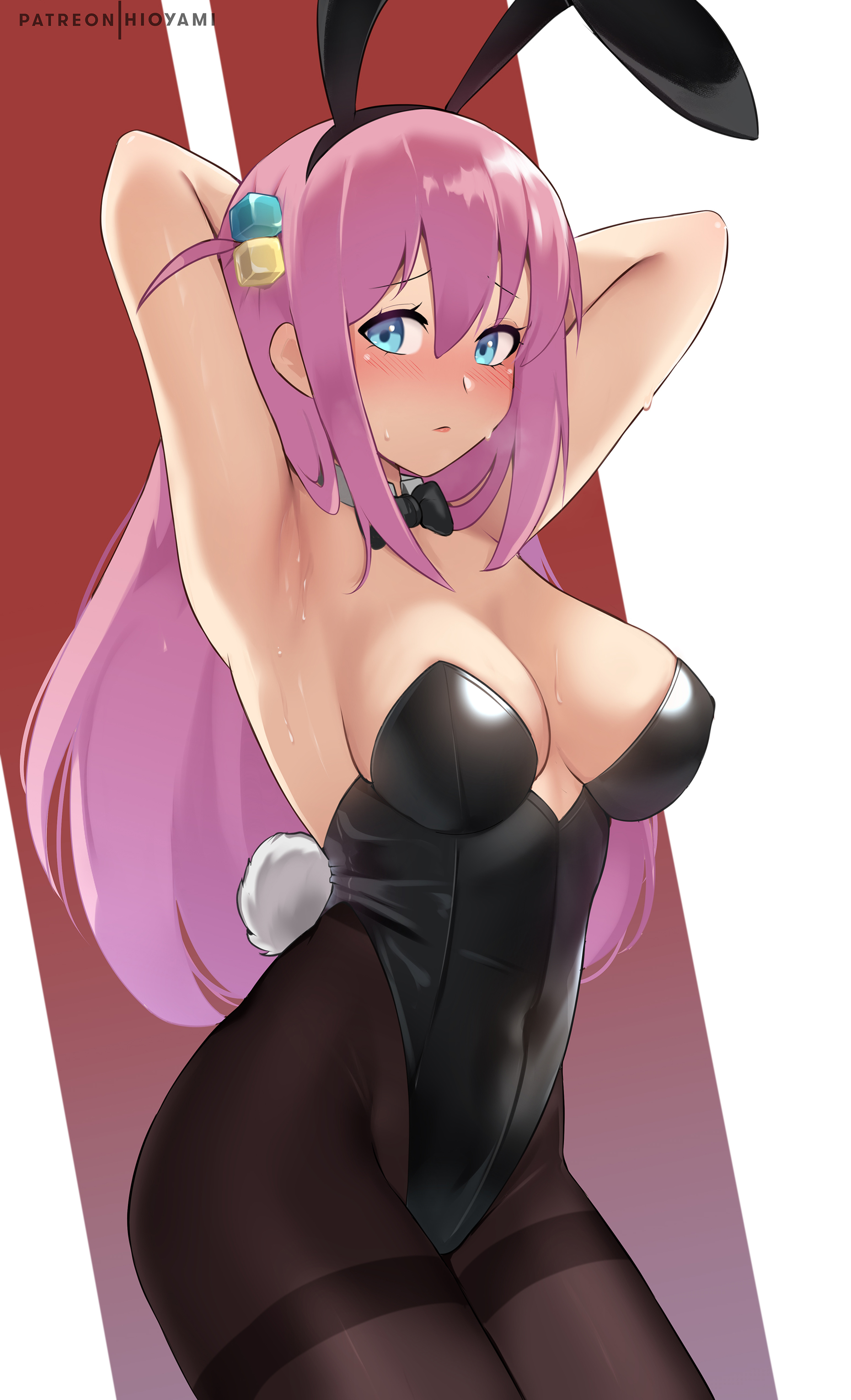 1girls, ass, big breasts, blue eyes, bocchi the rock!, breasts, bunny ears, bunny girl, bunny tail, bunnysuit, female, female only, gotou hitori, hioyami, leotard, long hair, pantyhose, pink hair, solo, thick thighs