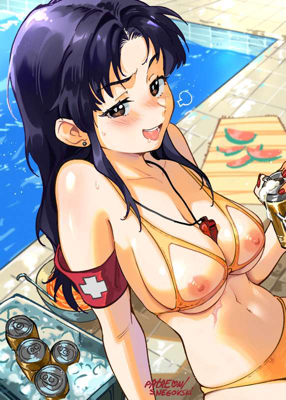 1girls alternate_version_available armband beer_can bikini blush blush_lines breasts brown_eyes female_only looking_at_viewer lowres misato_katsuragi neon_genesis_evangelion open_mouth pool poolside practically_nude purple_hair scar scar_on_stomach smile smiling smirk snegovski solo solo_female upper_body useless_clothing whistle_(object) whistle_around_neck