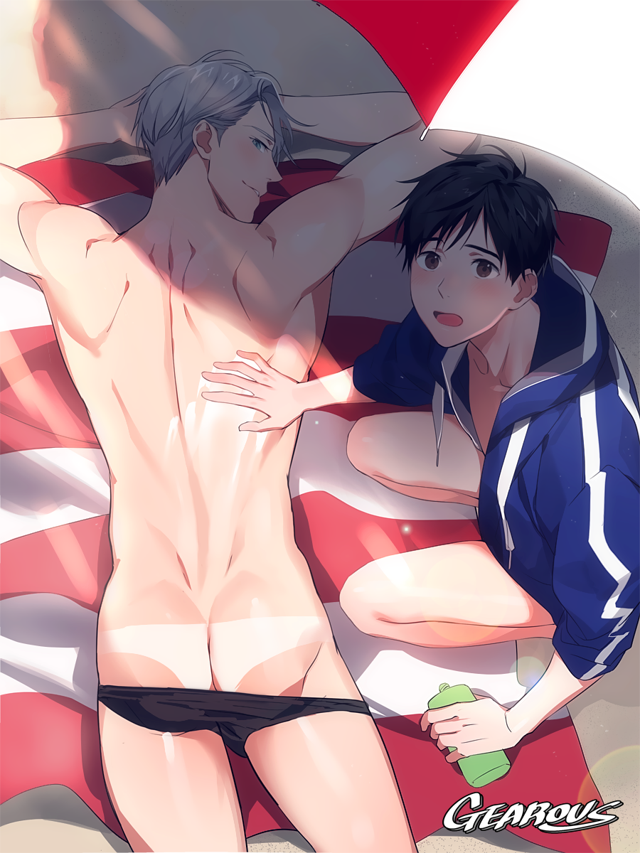 2boys artist_name ass ass_cleavage beach_towel beach_umbrella black_hair blue_eyes brown_eyes butt_crack clothes_pull from_above gearous highres hood hoodie katsuki_yuuri looking_back lotion lying male_focus male_swimwear multiple_boys on_stomach one-piece_swimsuit_pull silver_hair smile squatting sunscreen swim_briefs tan tanline towel umbrella viktor_nikiforov yuri!!!_on_ice