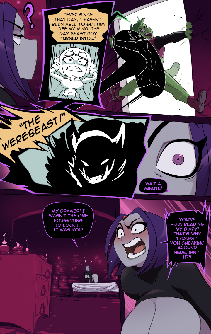 1boy, 1girls, ass, beast boy, big penis, breasts, comic, dc, dc comics, english text, female, goth, green skin, grey skin, male, naked, penis, rachel roth, raven (dc), schpicy, shocked, teen titans, teen titans go, teenage female, text, thick ass