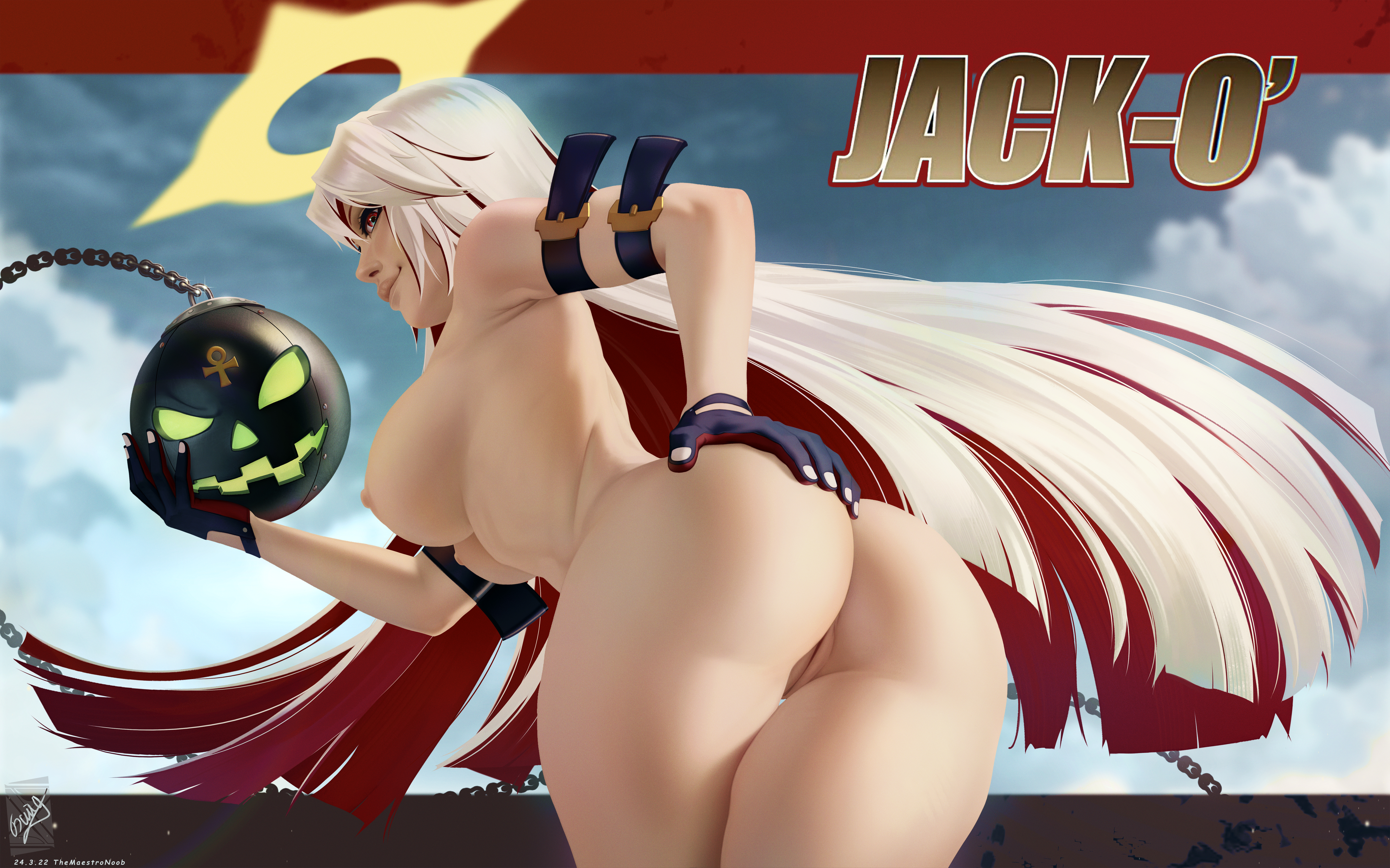 alternate hairstyle, ass, black gloves, bomb, breasts, dated, female, gloves, green eyes, guilty gear, guilty gear xrd, jack-o' valentine, long hair, looking at viewer, looking back, nude, pussy, solo female, themaestronoob, white hair