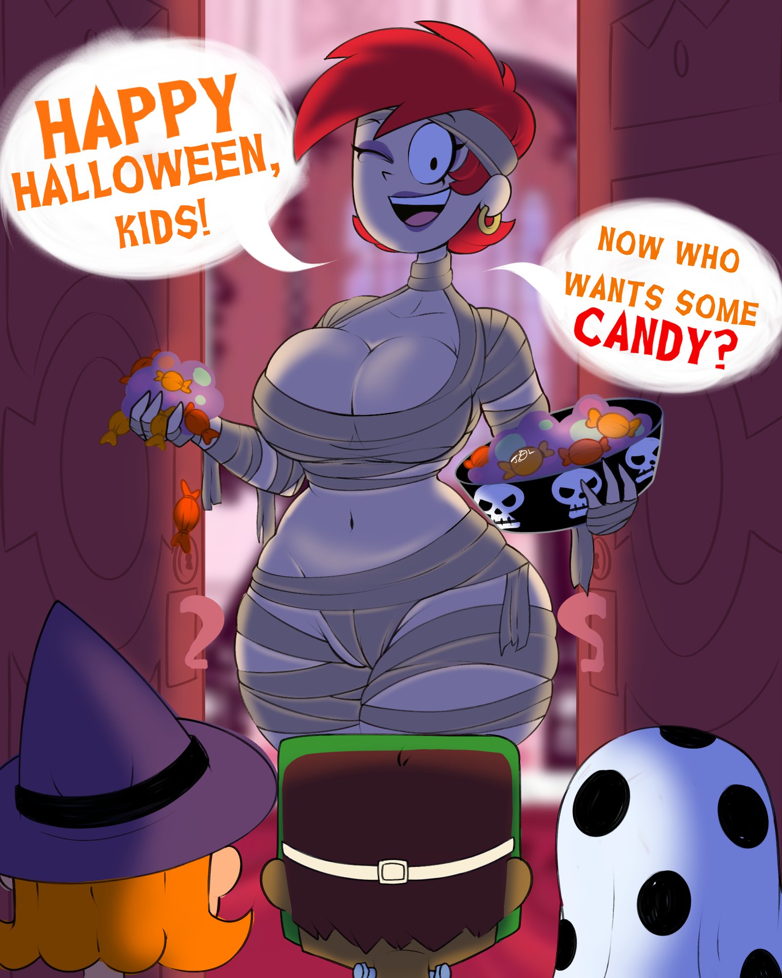 1girls, 2022, barely clothed, big breasts, breasts, candy, costume, dialogue, doorway, earring, english text, eyeshadow, female, female focus, foster's home for imaginary friends, frankie foster, halloween, halloween costume, holding object, lipstick, makeup, milf, mummy costume, mummy wrappings, navel, one eye closed, open mouth, red hair, short hair, speech bubble, teenagebratwurst, teeth, text, trick or treat, upper teeth