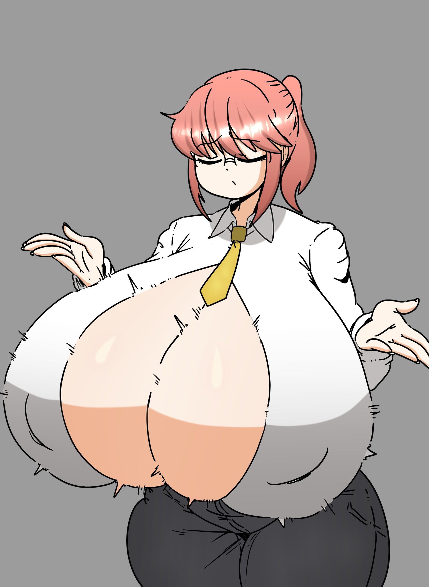 1girls, alternate breast size, black pants, blouse, breast expansion, breast growth, breast growth (enlargement), breasts, breasts bigger than head, cleavage, female, female only, glasses, huge breasts, hyper breasts, inakotho, kobayashi, kobayashi-san chi no maidragon, miss kobayashi's dragon maid, nipple bulge, nipples visible through clothing, pants, pink hair, ponytail, short hair, tie, white blouse, yellow tie