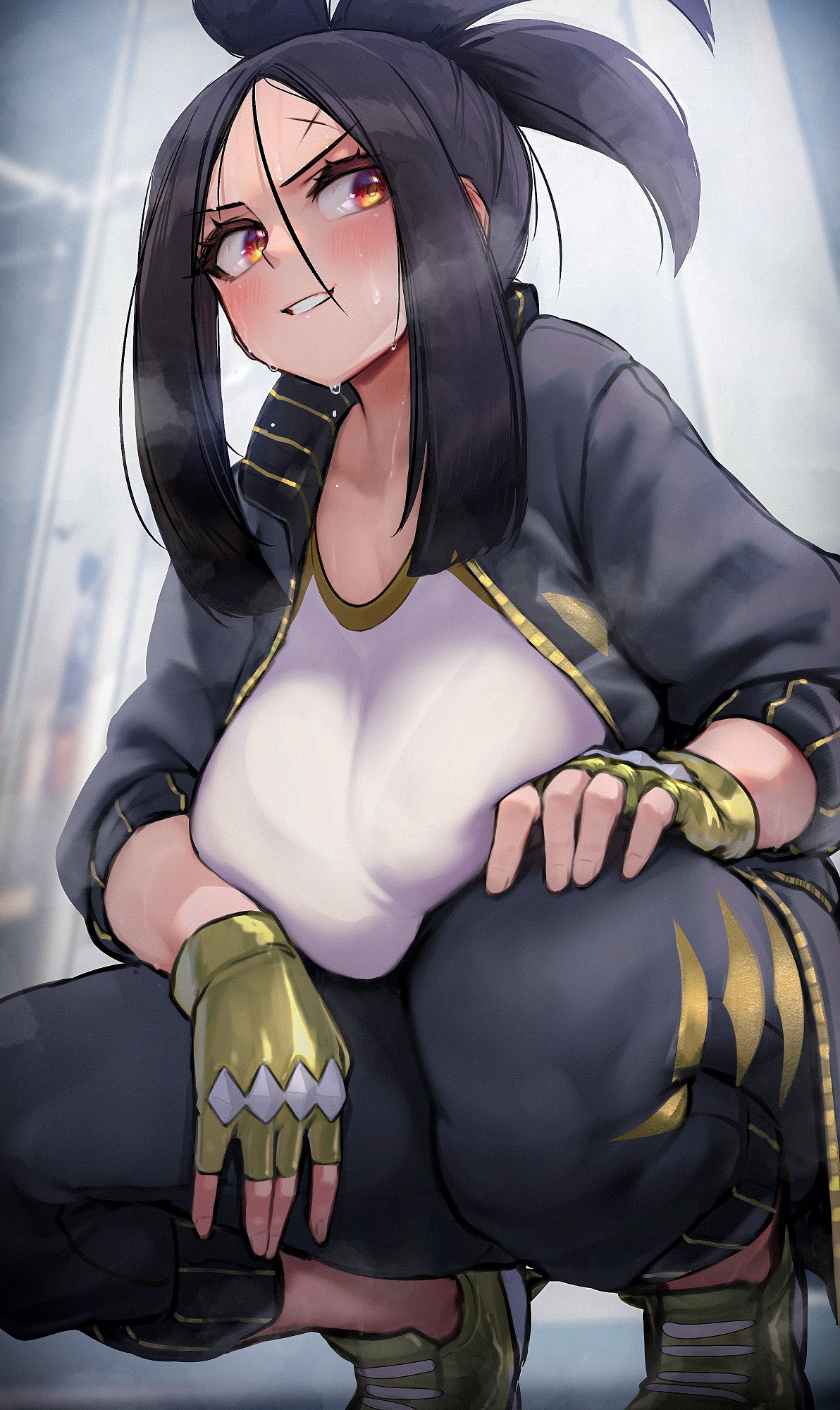 1girls, black hair, breasts, clothed, creatures (company), dendra (pokemon), facial scar, female, female only, game freak, hi res, high resolution, highres, hizake, huge breasts, human, human only, kashu (hizake), light skin, light-skinned female, long hair, nintendo, pokemon, pokemon (anime), pokemon (game), pokemon horizons, pokemon sv, pokemon trainer, solo, solo female, sportswear, squatting, sweat, sweaty body, tracksuit