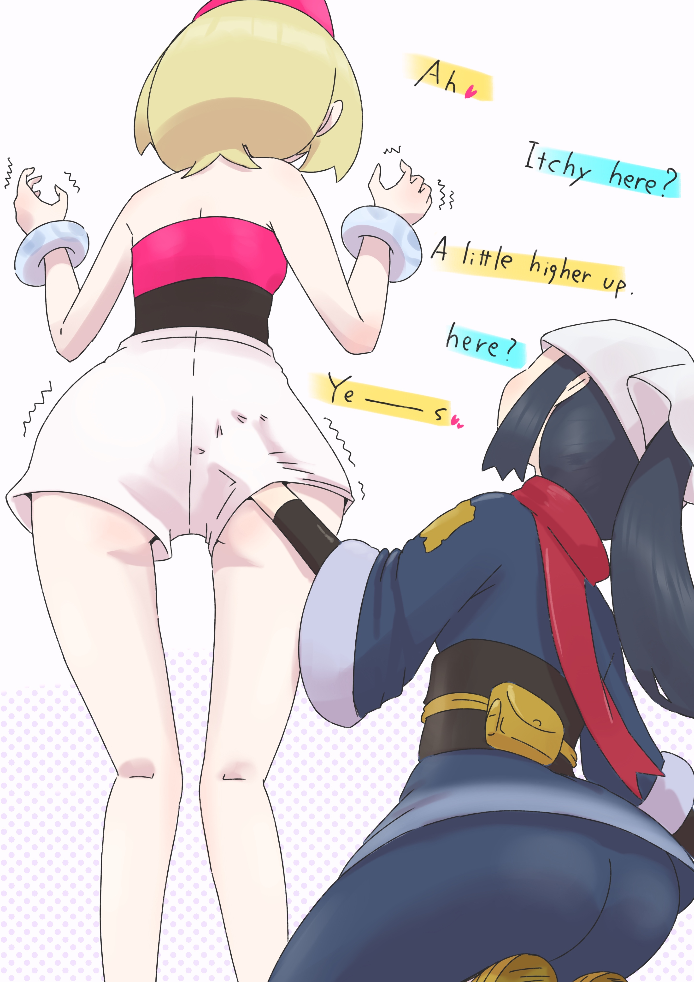 2girls, akari (pokemon), ass, ass grab, clothing, duo, english dialogue, female, female only, human, human only, irida (pokemon), microsd (artist), nintendo, pokemon, pokemon legends: arceus, white background, yuri