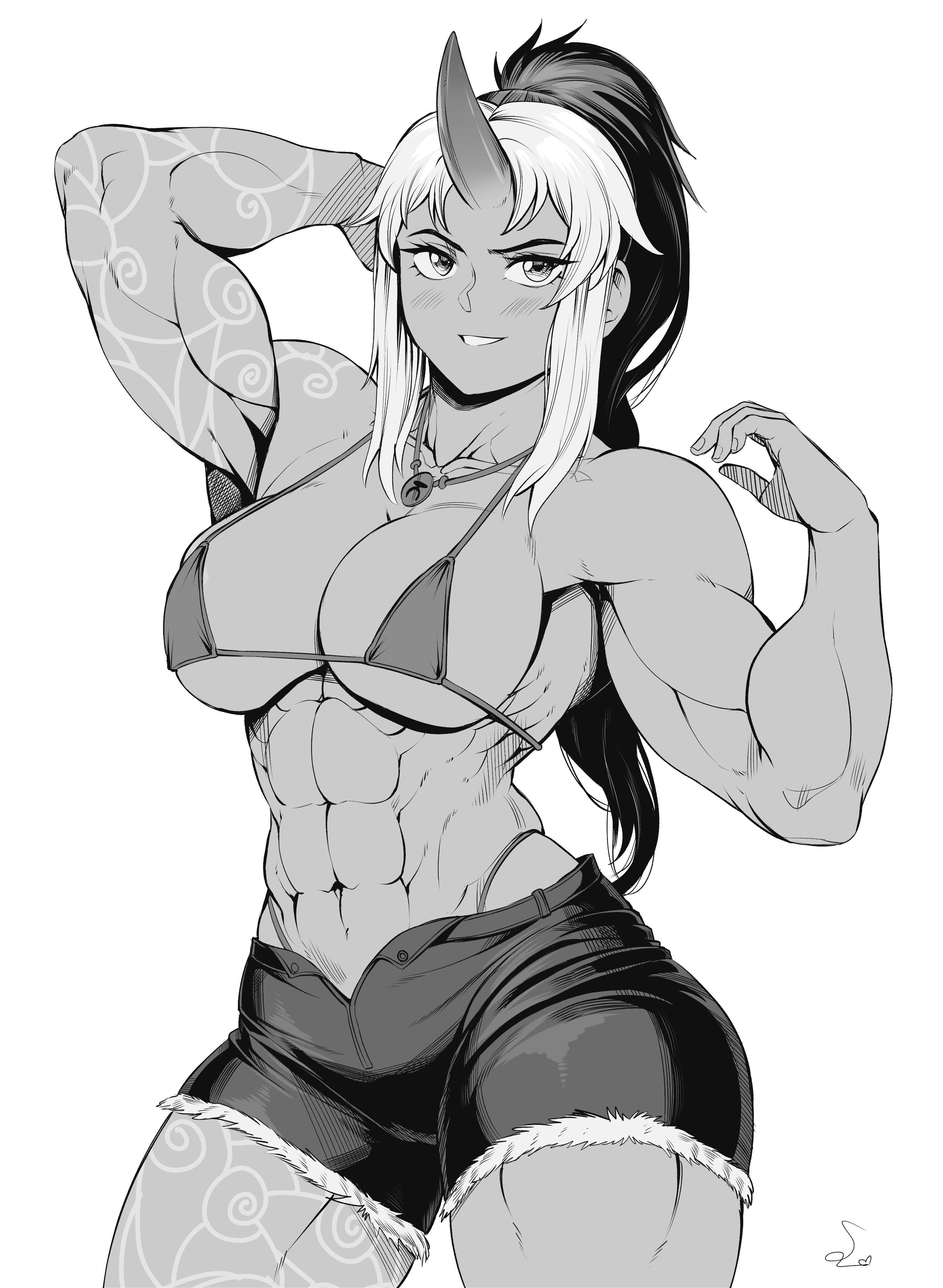1girls, abs, absurd res, artist signature, biceps, blush, breasts, cleavage, collar, collarbone, commission, curvaceous, curvy, curvy figure, female, female only, flexing, greyscale, hi res, horn, hourglass figure, long hair, looking at viewer, monochrome, monster girl, multicolored hair, muscular, muscular female, navel, oni, oni horns, original, original character, ponytail, pose, posing, serratus anterior, shorts, sideboob, sidelocks, simple background, smile, solo, solo female, solo focus, speedl00ver, string bikini, tattoo, thick thighs, unbuttoned, underboob, white background