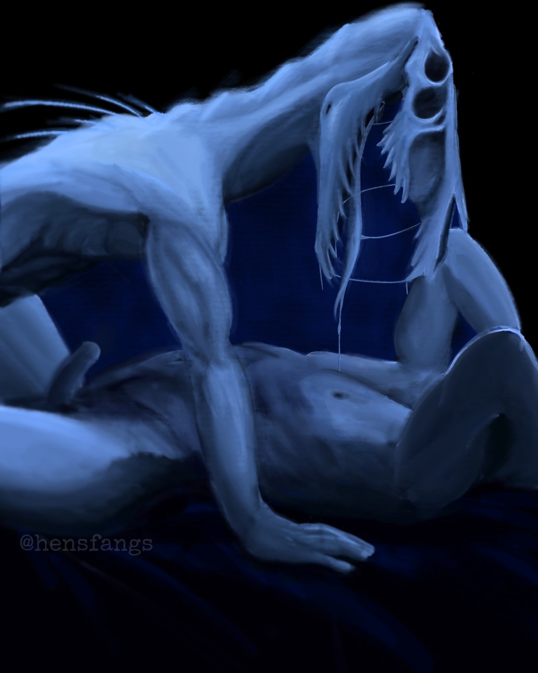 ambiguous_gender animal_humanoid bodily_fluids bone covered_face duo equid equid_humanoid equine equine_humanoid from_front_position genitals hensfangs hi_res horse_humanoid human humanoid lying male male/male mammal mammal_humanoid missionary_position on_back penis saliva saliva_on_tongue saliva_string sex skull skull_head