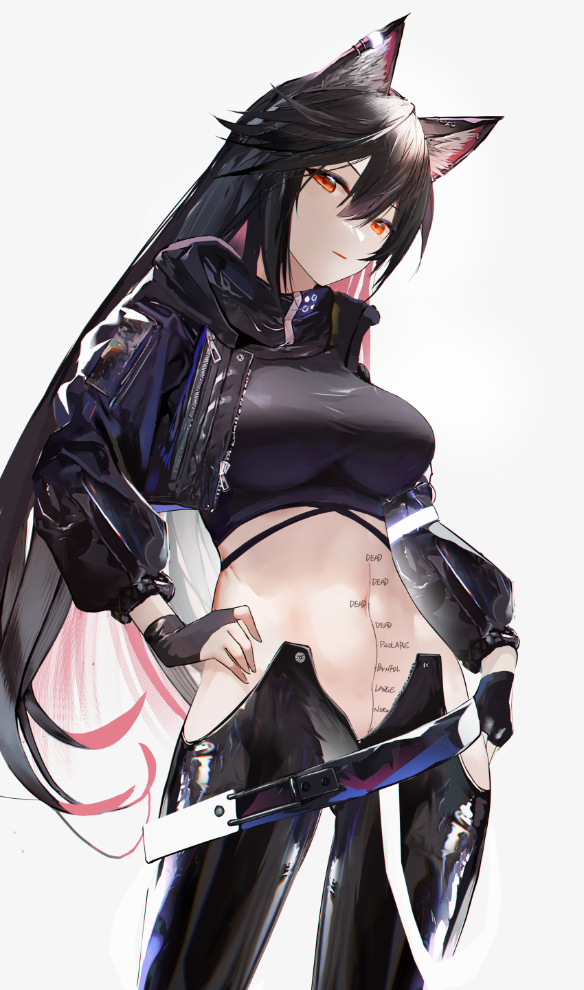 absurdres ambience_synesthesia animal_ears arknights black_gloves black_hair black_jacket black_pants black_shirt body_writing breasts commission cowboy_shot cropped_jacket cropped_shirt female fingerless_gloves gloves hair_between_eyes hand_on_hip highres jacket large_breasts long_hair looking_at_viewer midriff navel no_panties omone_hokoma_agm open_clothes open_jacket orange_eyes pants parted_lips penetration_depth_mark second-party_source shirt solo stomach texas_(arknights) very_long_hair wolf_ears wolf_girl_(einshelm)