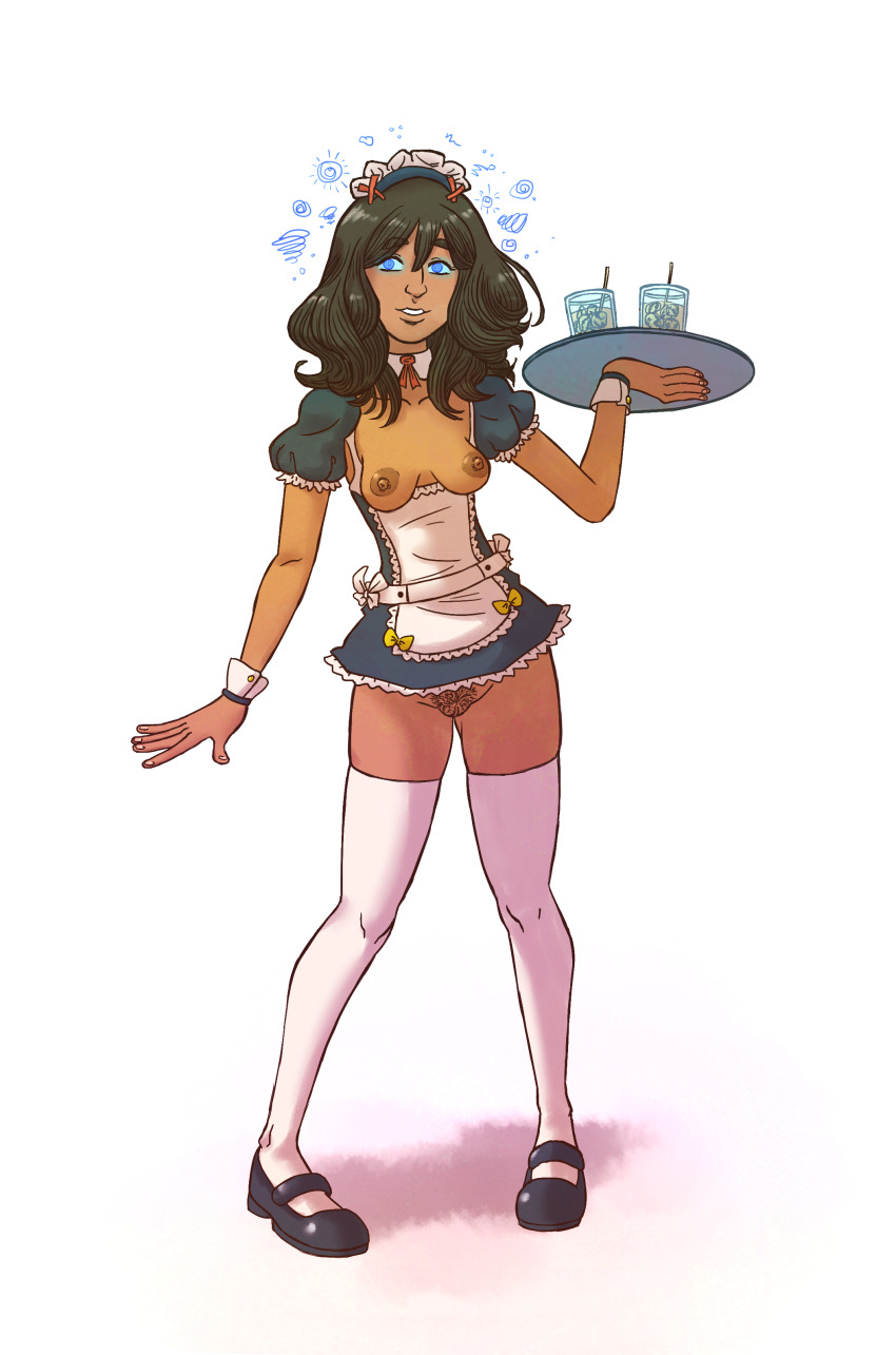 artist request, black hair, blue eyes, brown skin, brown-skinned female, dark skin, dark-skinned female, drink, female, glowing eyes, half-dressed, heart, hypnosis, kamala khan, leggings, maid, maid headdress, maid outfit, maid uniform, marvel, marvel comics, mind control, ms. marvel, no bra, no panties, tagme, tagme (artist), waitress