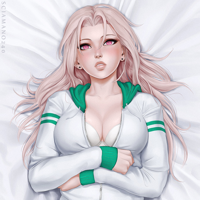 big_breasts chloe_(sciamano240) freckles hi_res laying_on_bed looking_at_viewer mirco_cabbia oc original original_character pale_skin pink_eyes pink_hair sciamano240 sweater unzipped_jacket