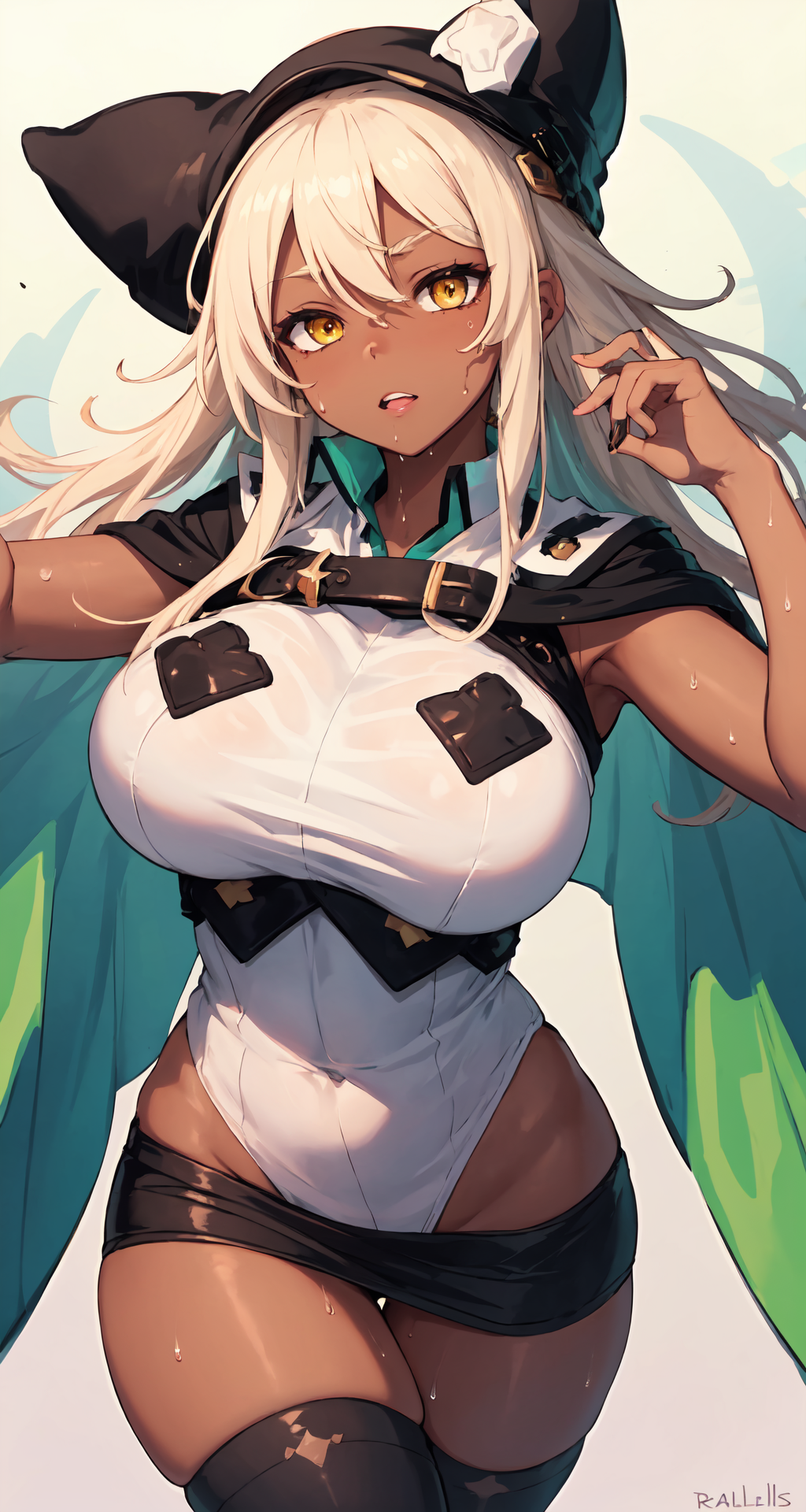 1girls, 2023, ai generated, animal ears, anime nose, black thighhighs, blonde hair, blush, bodysuit, cape, cat ears hairband, clothed, clothed female, curvy, curvy female, curvy figure, dark skin, dark-skinned female, female, female focus, female only, guilty gear, high resolution, leotard, long hair, looking at viewer, ramlethal valentine, solo female, solo focus, stable diffusion, sweat, tan skin, tan-skinned female, teddy (clothing), thick thighs, uniform, voluptuous, voluptuous female, yellow eyes