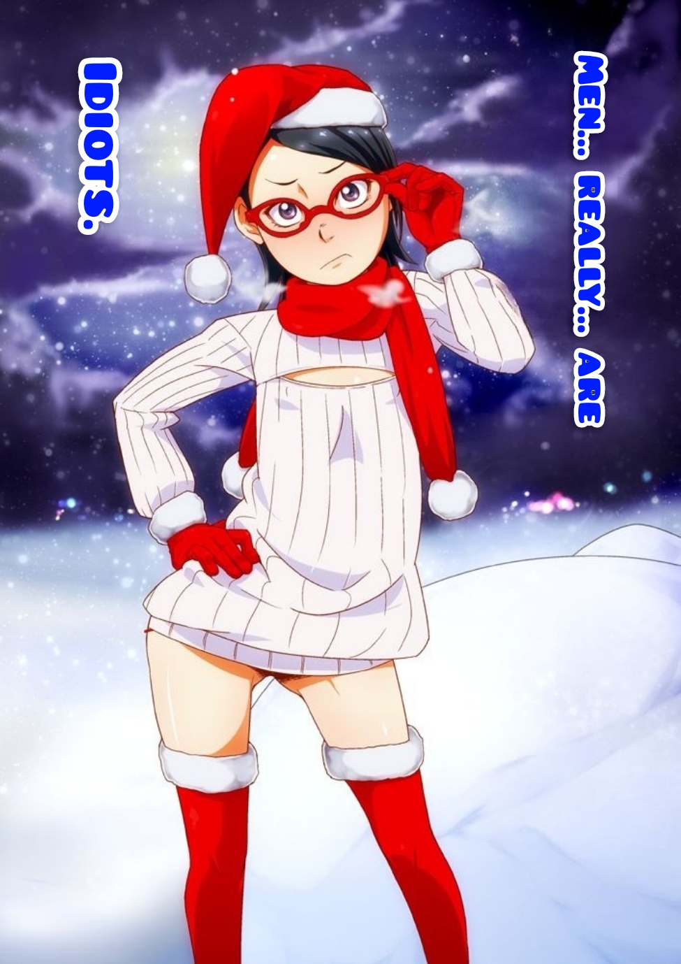 1girls, bare thighs, black eyes, black hair, blush, boruto: naruto next generations, christmas, cleavage, dialogue, female, female focus, female only, flat chest, frown, glasses, gloves, hand on hip, holidays, legwear, light skin, light-skinned female, naruto, naruto (series), pale skin, pale-skinned female, petite, pinup, pose, posing, santa costume, santa hat, sarada uchiha, scarf, seductive pose, shounen jump, snow, solo, solo female, solo focus, stockings, sunahara wataru, sweater, teenager, text, thighhighs, thighs