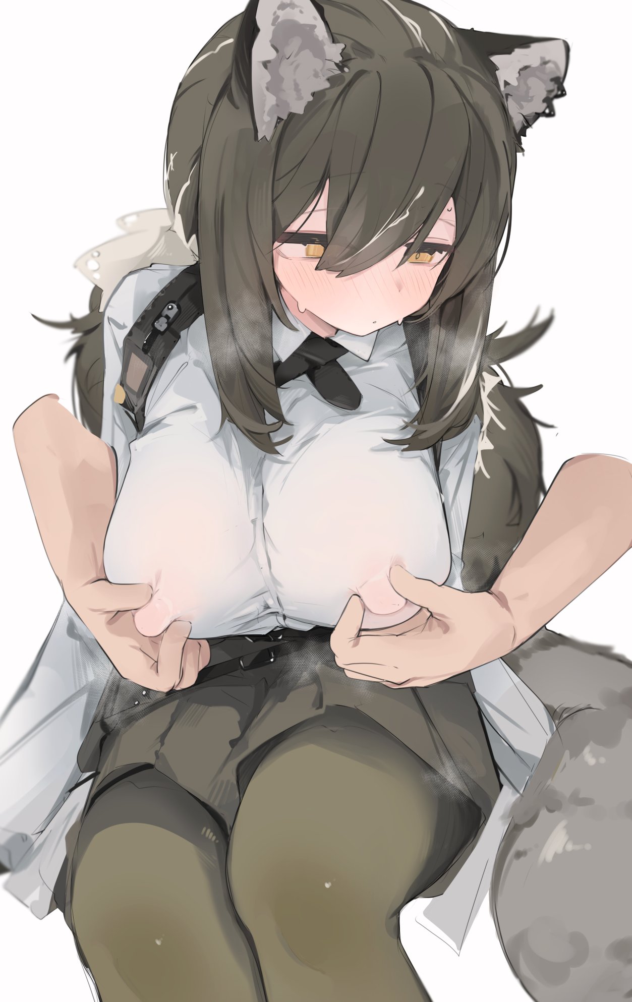 /// 1boy 1girls animal_ear_fluff animal_ears arknights big_breasts black_necktie black_shorts blush blush_lines breasts brown_hair busty collared_shirt covered_nipples cross_tie disembodied_hand disembodied_hands disembodied_limb erect_nipples erect_nipples_under_clothes female female_focus hair_between_eyes heavy_breathing hi_res high_resolution highres huge_breasts invisible_chair large_breasts light-skinned_female light_skin long_hair long_sleeves looking_at_partner massive_breasts mikozin necktie nipple_tweak pantyhose pantyhose_under_shorts ponytail raccoon_ears raccoon_girl raccoon_tail robin_(arknights) shirt shorts shy sidelocks simple_background sitting solo_focus sweat tail thick_legs unseen_male_face voluptuous white_background white_shirt yellow_eyes