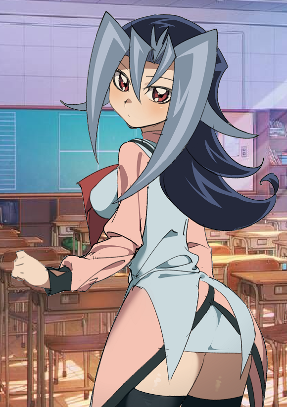 1girls blue_hair dntks edit female female_only kamishiro_rio legwear looking_back red_eyes rio_kamishiro solo yu-gi-oh! yu-gi-oh!_zexal