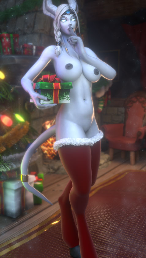 athletic_female blizzard_entertainment christmas christmas_clothing christmas_gift christmas_tree draenei large_breasts leggings legwear red_leggings seductive white_hair world_of_warcraft zentaeron